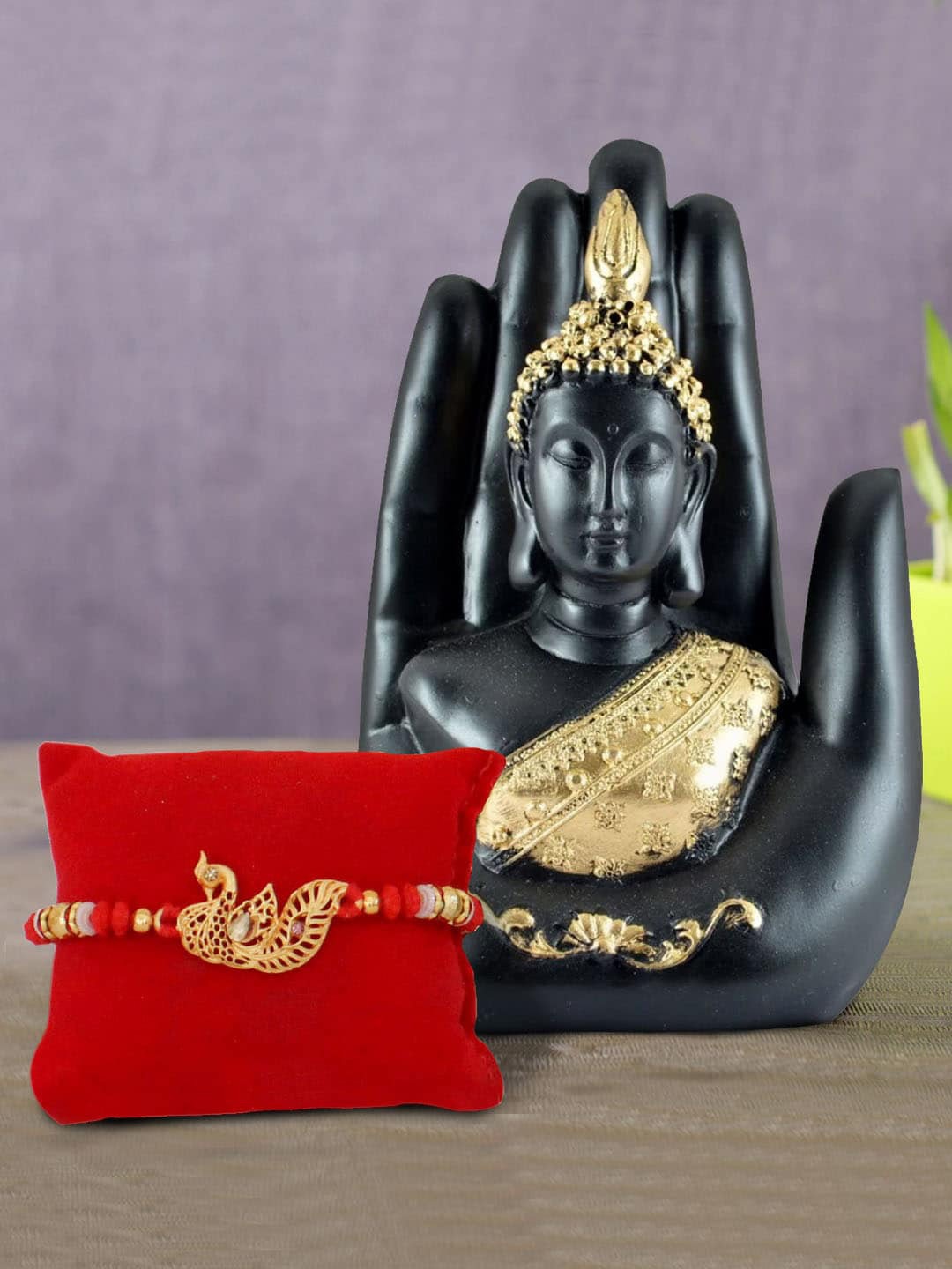 

TIED RIBBONS Men Gold Toned and Red Rakhi for Brother with Buddha Idol Gift