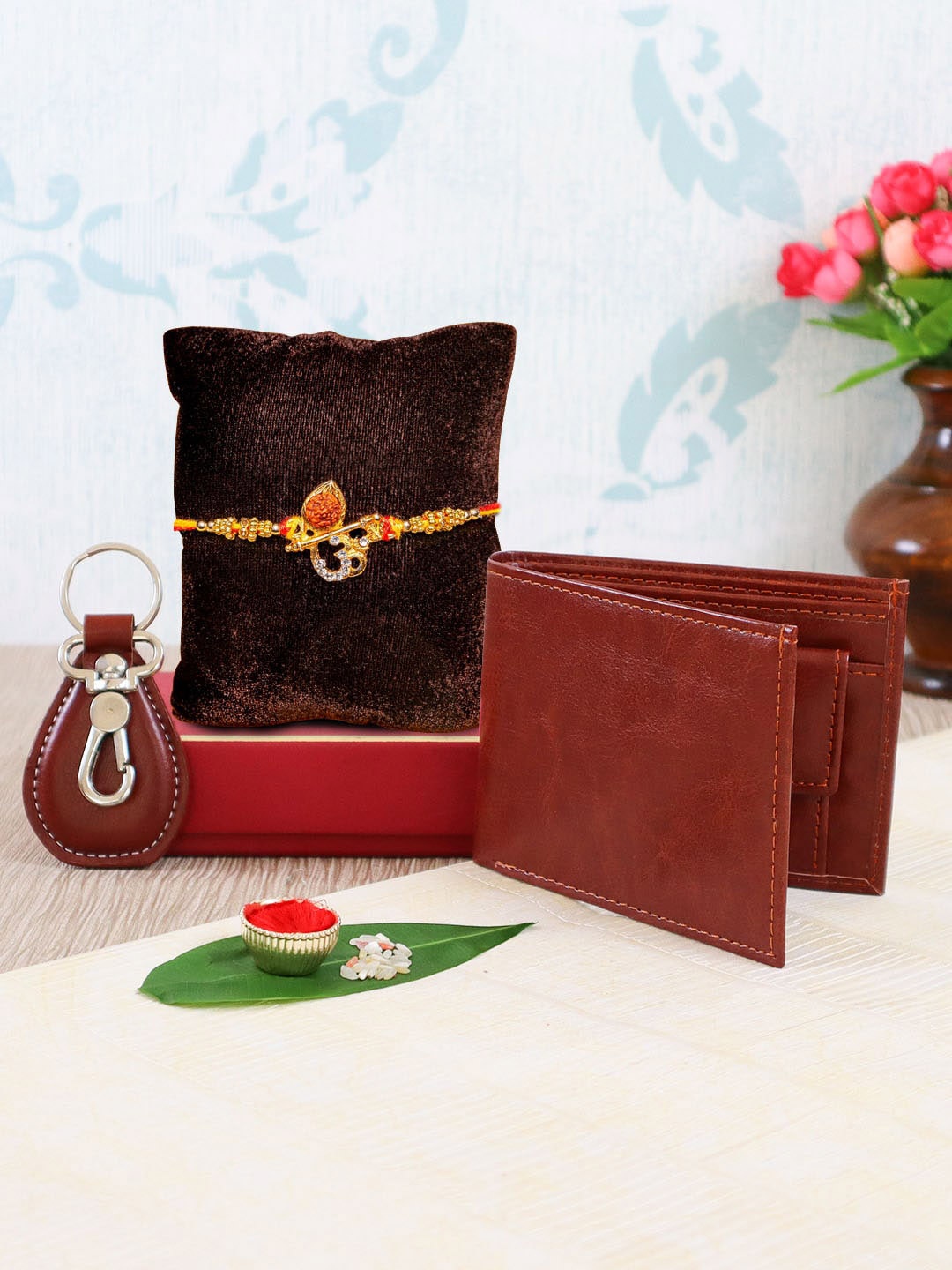 

TIED RIBBONS Om Rakhi With Leather Wallet & Keychain Combo, Red