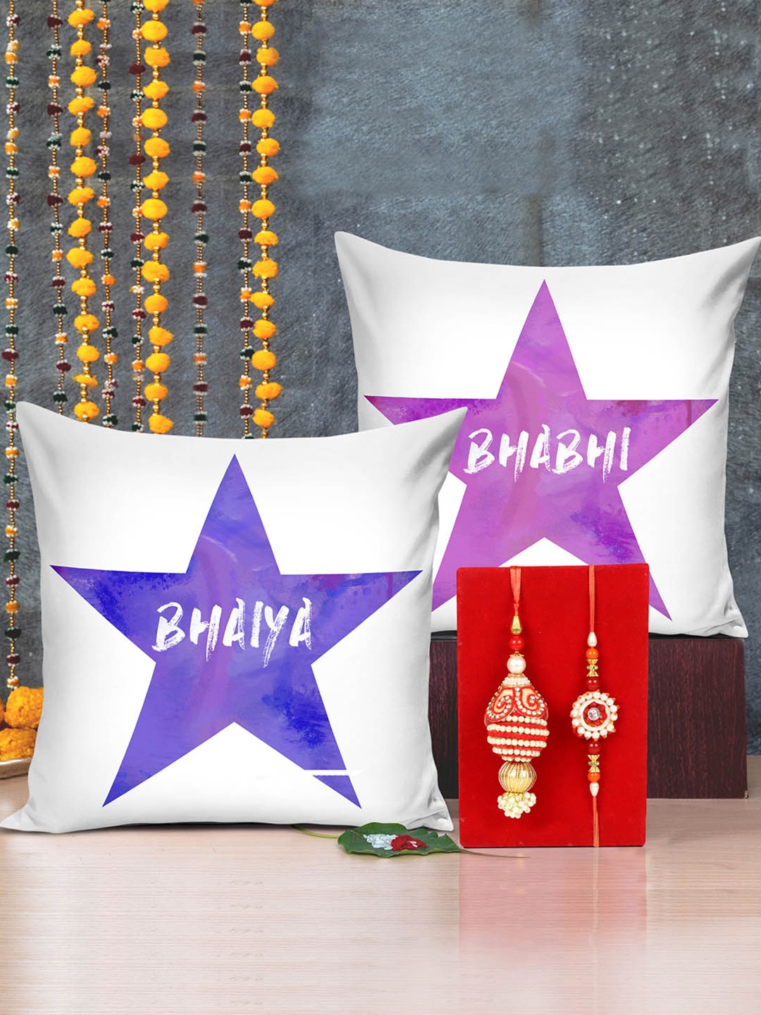 

TIED RIBBONS Set of 2 Bhaiya Bhabhi Rakhi With Printed Cushion Gift Set, Red
