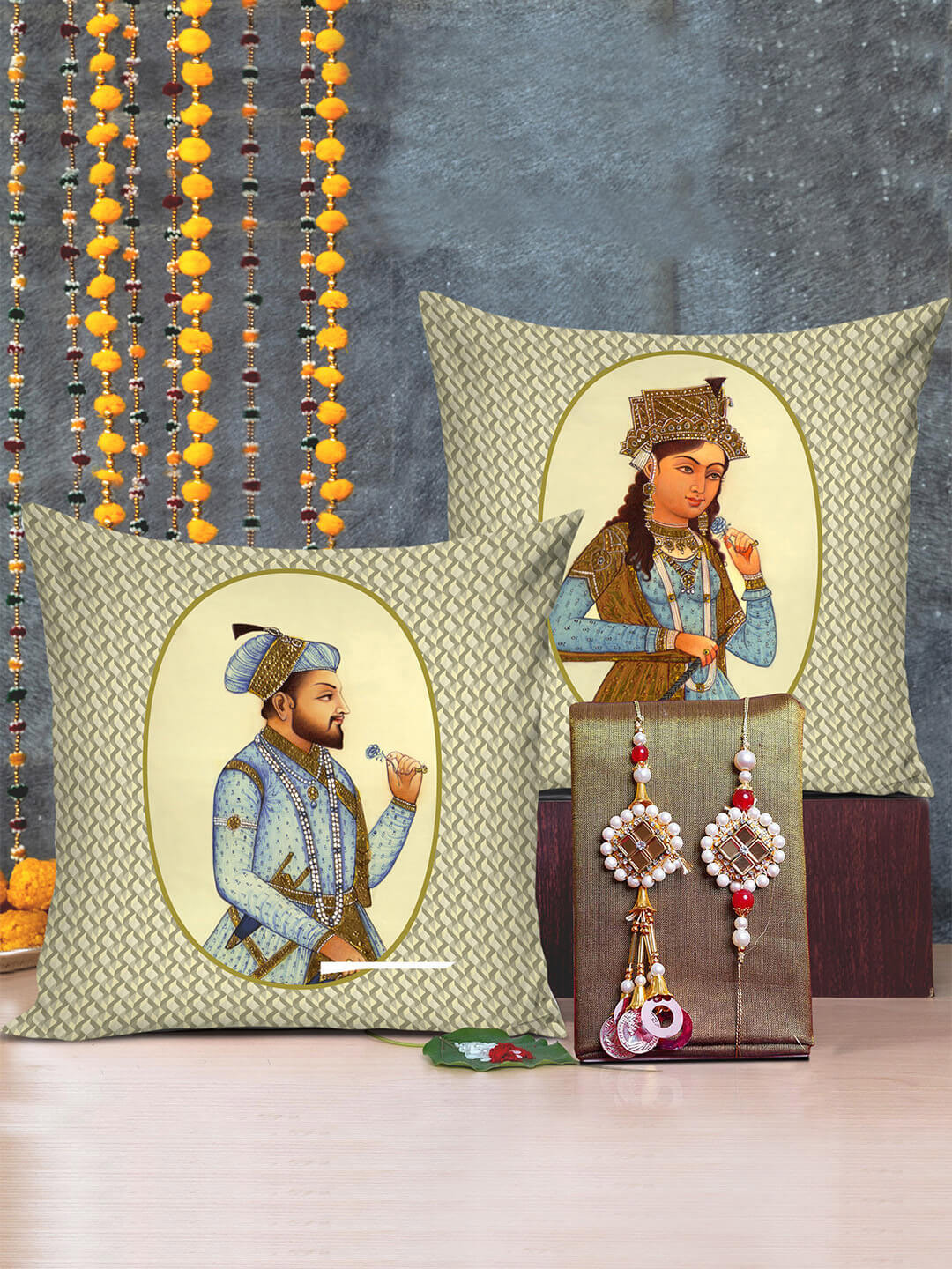 

TIED RIBBONS Red & White Set of 2 Rakhi Set with 2 Printed Cushion Cover Combo Gift Set