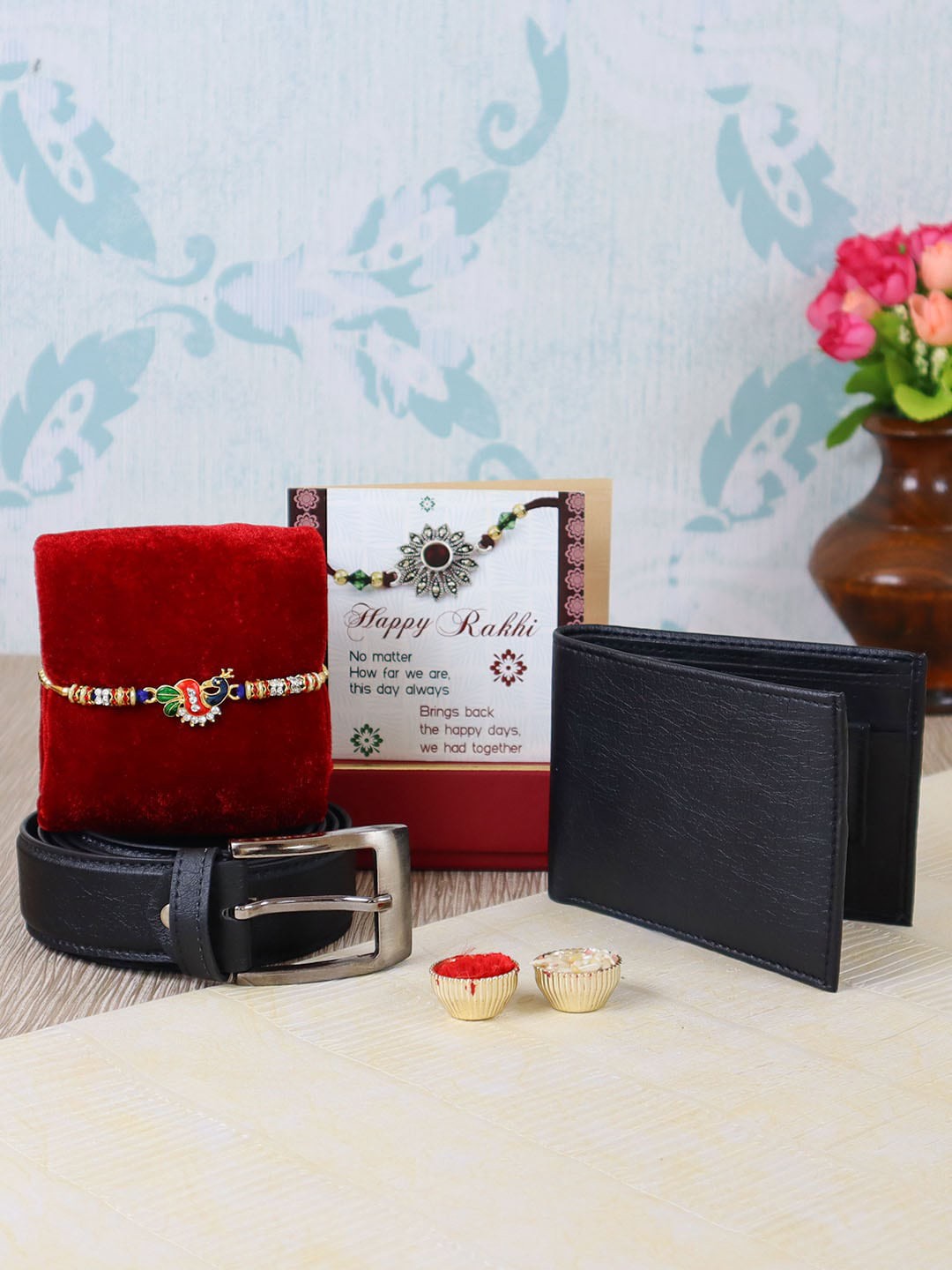 

TIED RIBBONS Men Multicoloured Peacock Rakhi with Leather Wallet & Belt Gift Set, Multi
