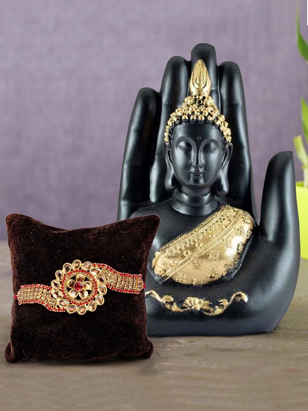 

TIED RIBBONS Gold-Toned & Black Rakhi with Buddha Idol Gift Set