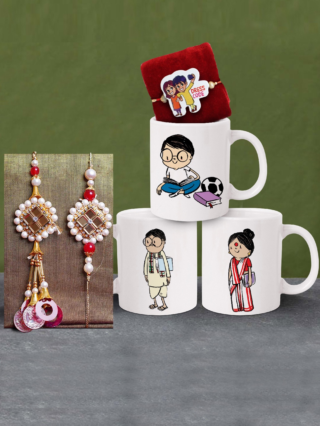 

TIED RIBBONS Set of 3 Rakhi for Bhaiya Bhabhi & Kids with Coffee Mug Gift Set, Red