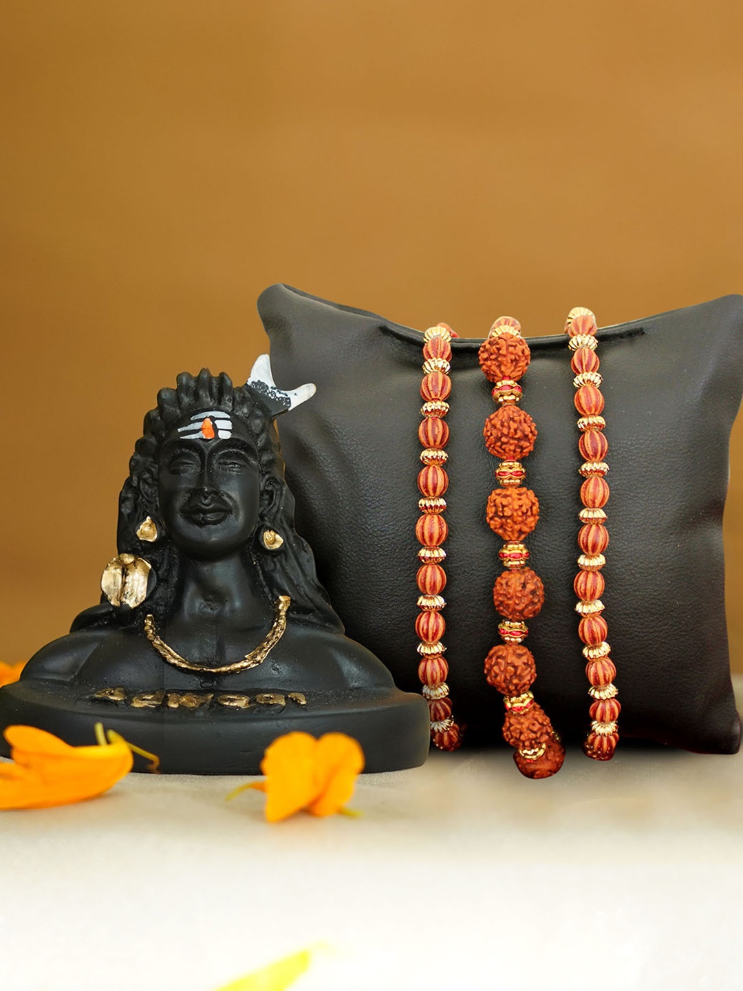 

TIED RIBBONS Rudraksha Rakhi with Lord Shiva Idol Statue Card & Roli Chawal Combo, Black