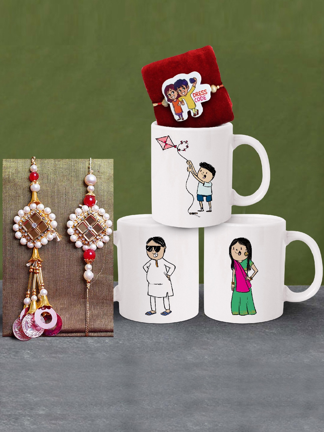 

TIED RIBBONS Set Of 3 Red Stone-Studded Rakhi With Mugs