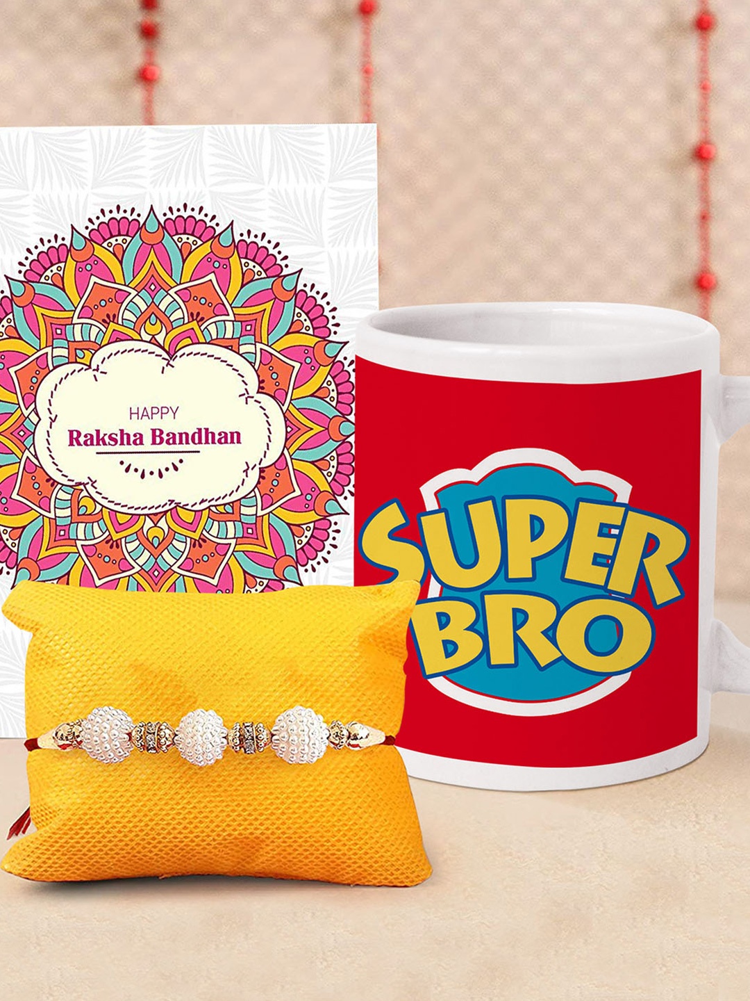 

TIED RIBBONS Men white and gold Rakhi with Printed Coffee Mug Gift Set