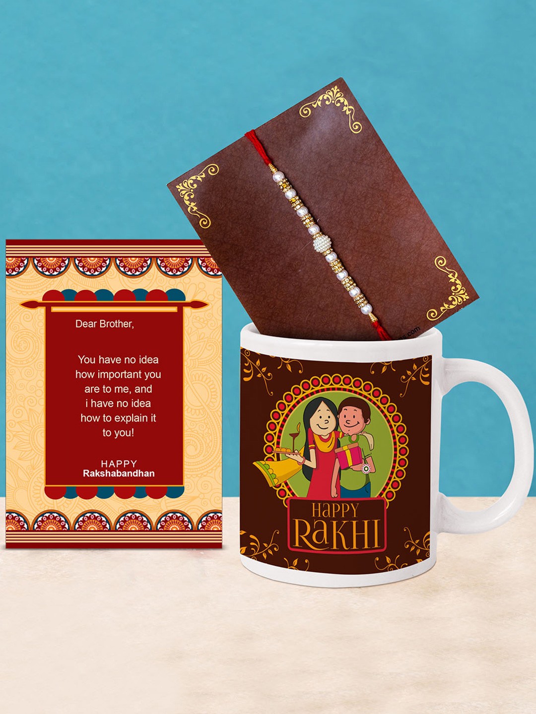 

TIED RIBBONS White & Red Beaded Rakhi with Printed Coffee Mug Combo Gift Set