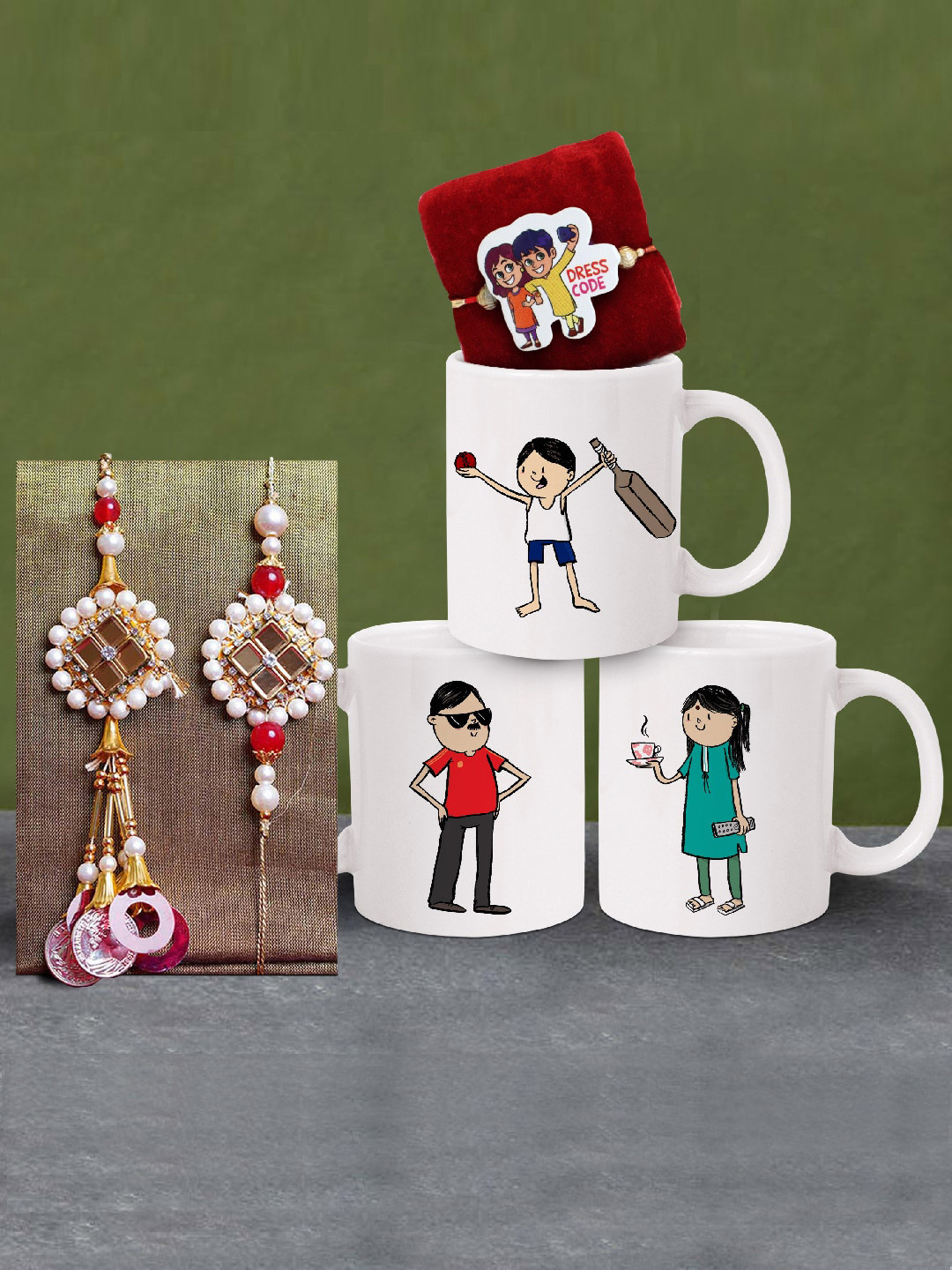 

TIED RIBBONS Set of 3 Rakhi With 3 Mugs, Red