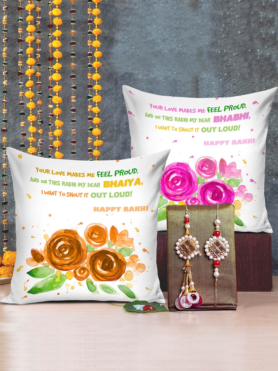 

TIED RIBBONS Bhaiya Bhabhi Rakhi Set with Set of 2 Printed Cushion Gift Set, White
