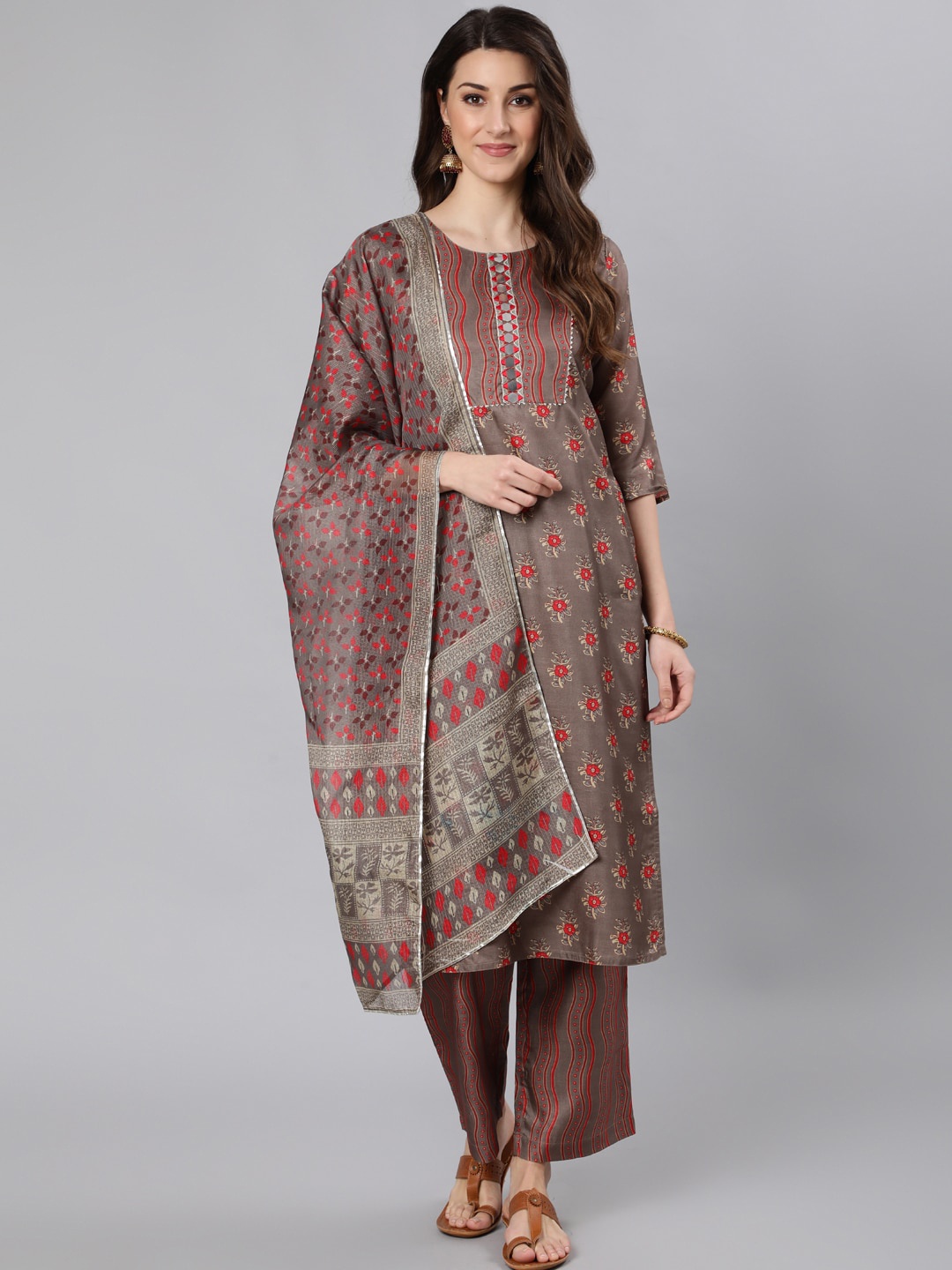 

Jaipur Kurti Women Brown Floral Printed Layered Mirror Work Kurti with Palazzos & With Dupatta