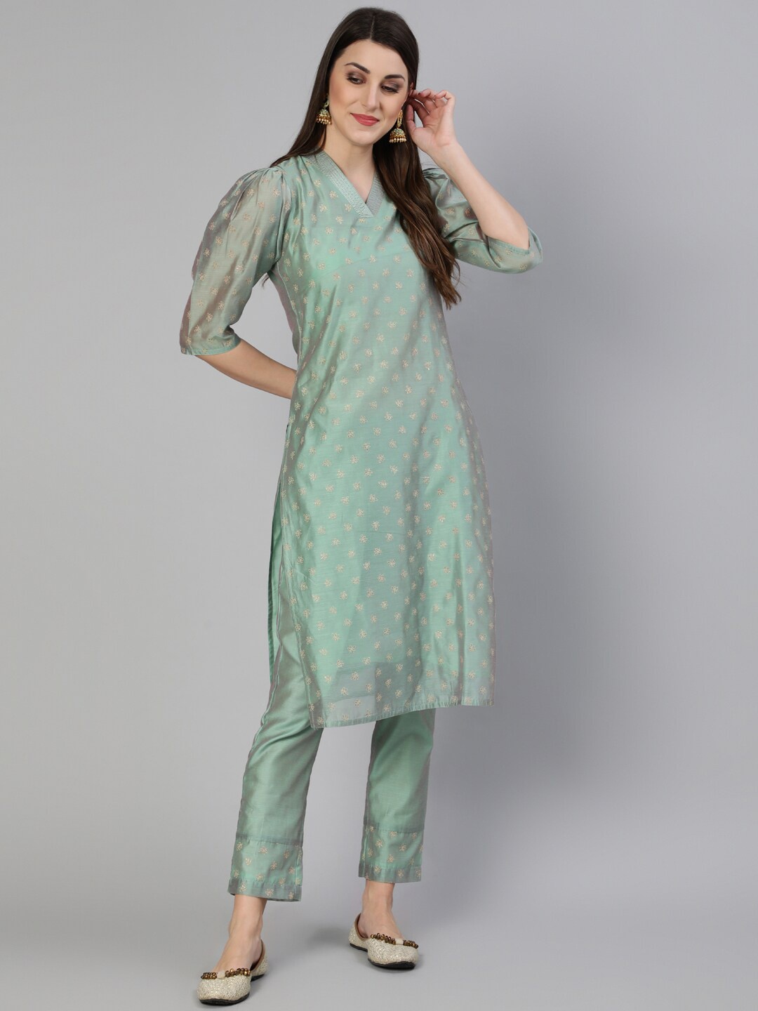 

Jaipur Kurti Women Sea Green Floral Regular Chanderi Cotton Kurta with Trousers