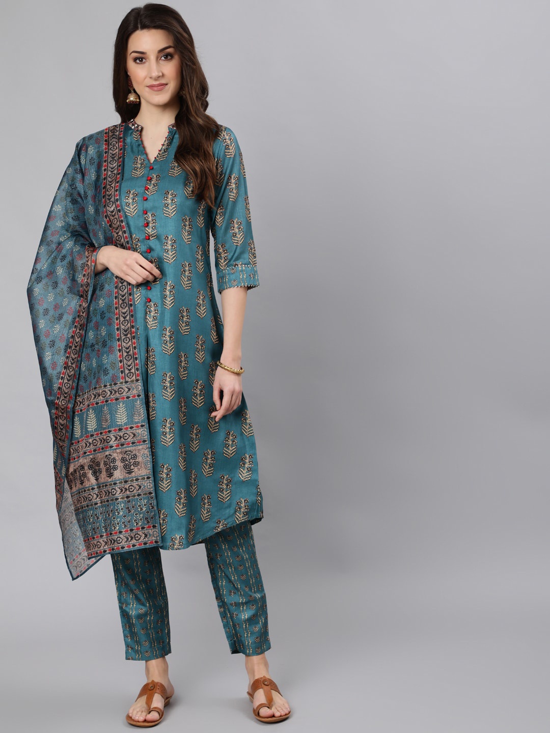 

Jaipur Kurti Women Sea Green Floral Printed Kurta with Trousers & With Dupatta