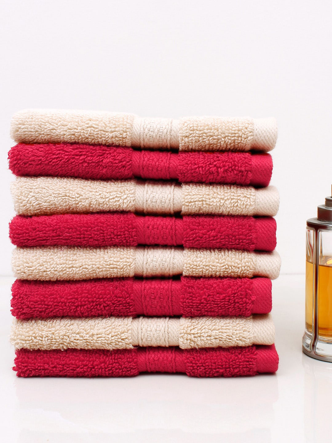 

AVI Living Set Of 8 Beige & Red Solid Cotton 550 GSM Face Towels