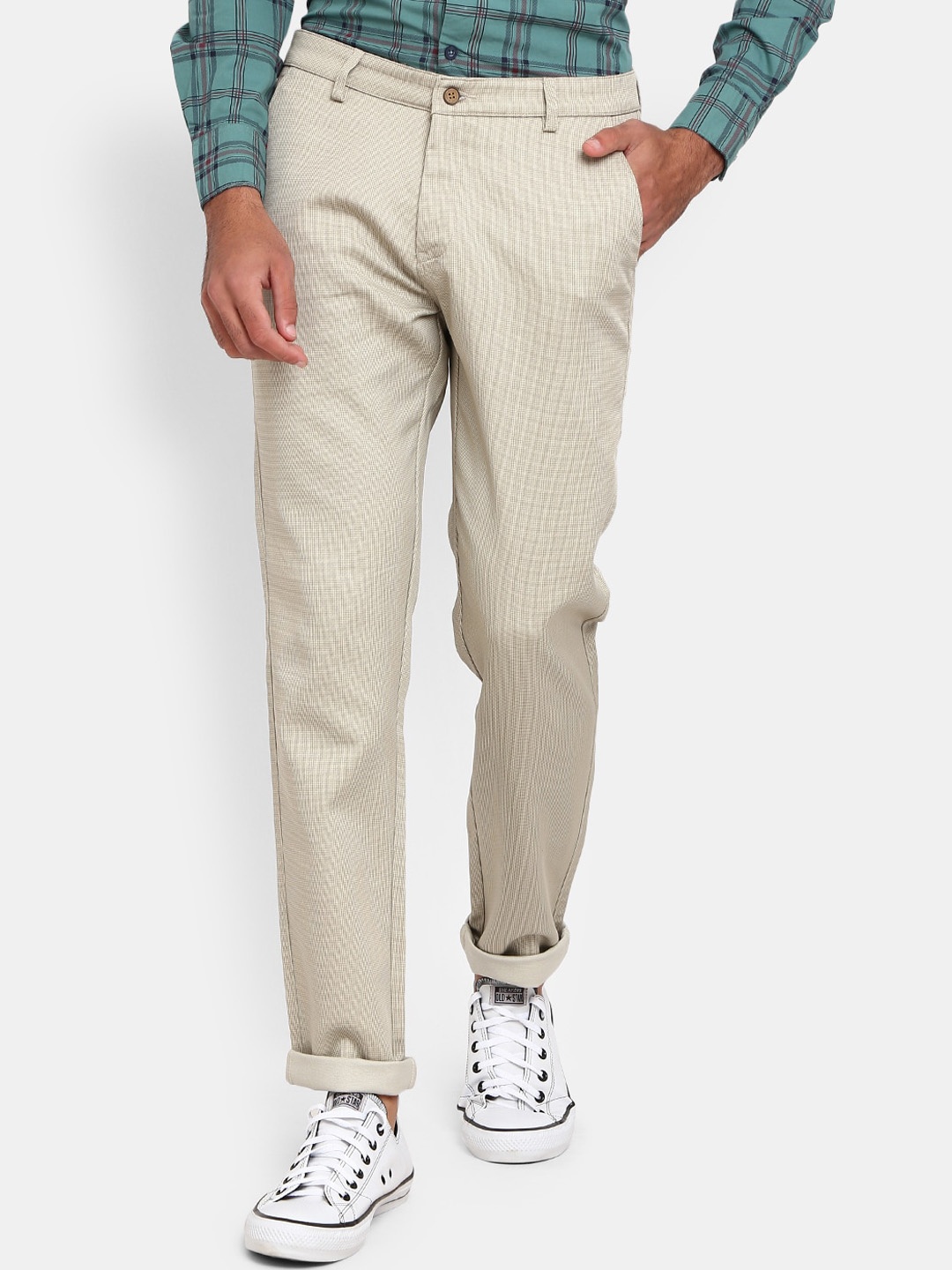

V-Mart Men Cream-Coloured Textured Classic Slim Fit Chinos Trousers
