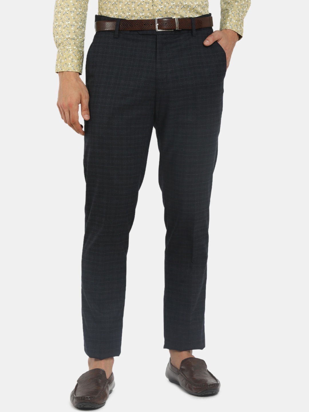 

J White by Vmart Men Navy Blue Checked Classic Slim Fit Trousers