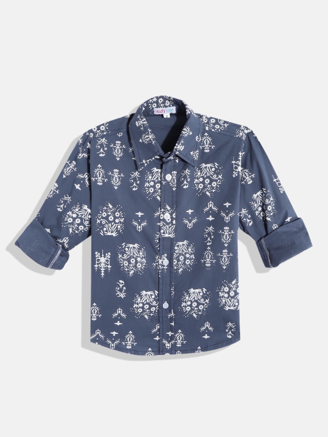 

Kids Clan Boys Navy Blue & White Classic Floral Printed Cotton Casual Shirt