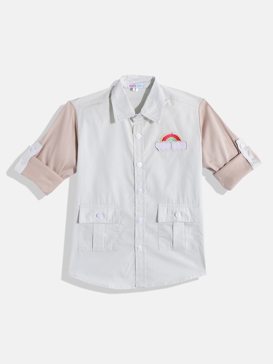 

Kids Clan Boys Green & Peach-Coloured Classic Skinny Fit Colourblocked Casual Shirt