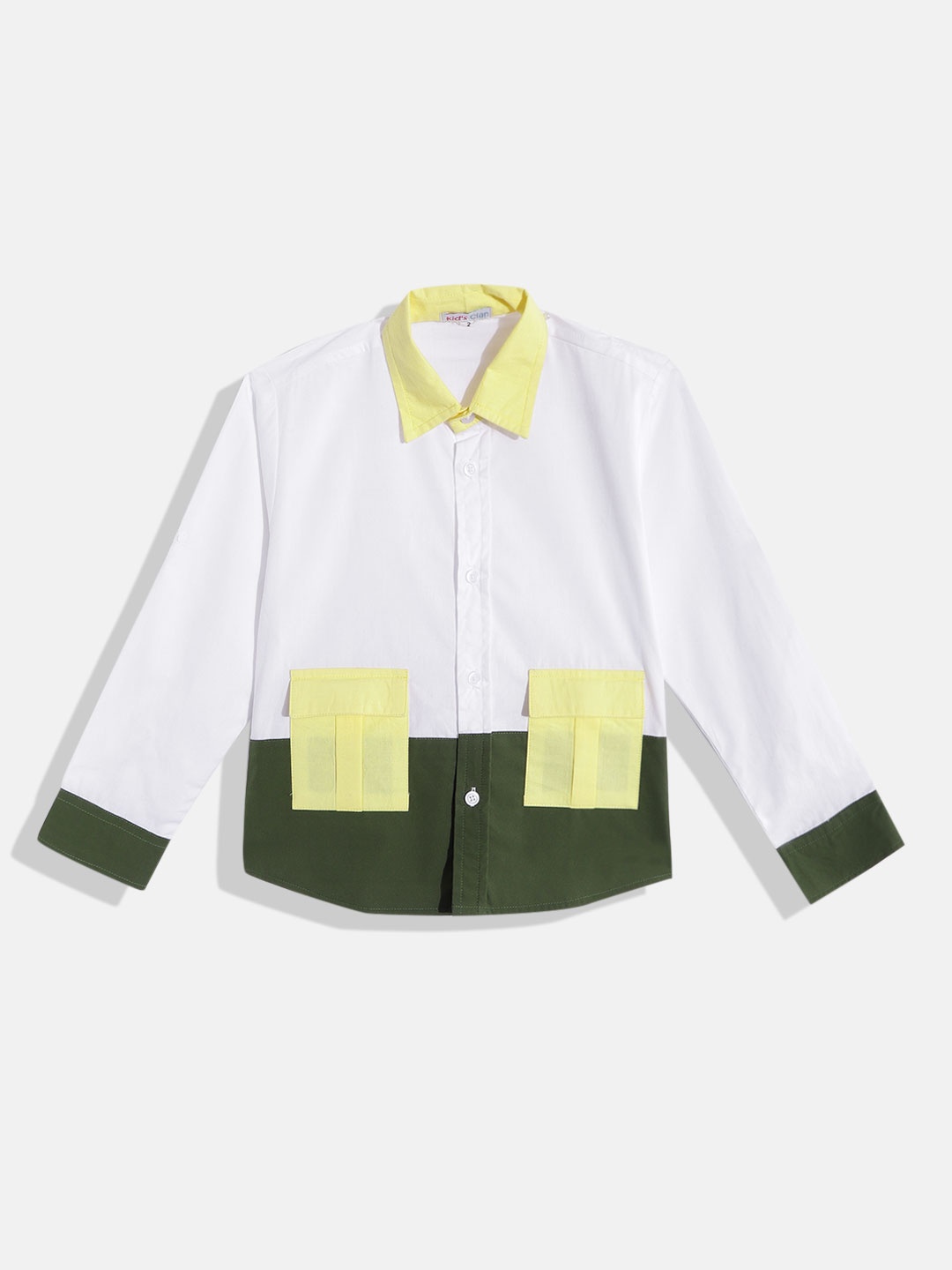 

Kids Clan Boys White & Olive Green Classic Colourblocked Casual Shirt