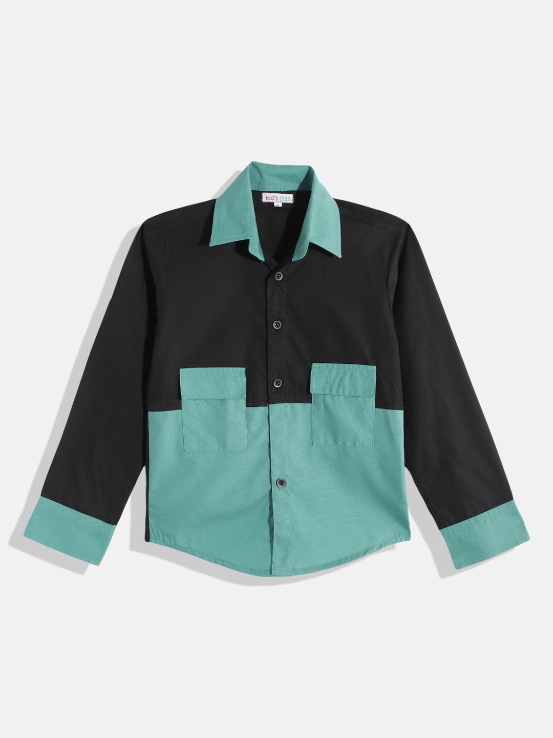 

Kids Clan Boys Sea Green & Black Classic Skinny Fit Colourblocked Casual Shirt