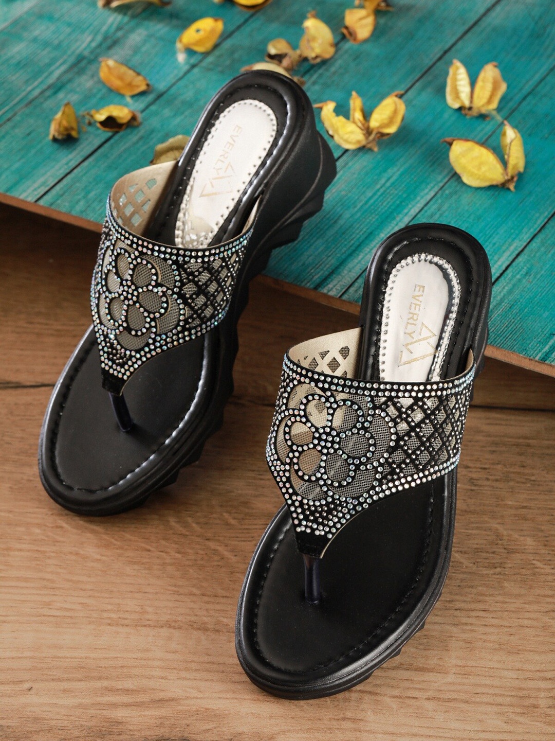 

EVERLY Black Embellished Wedge Sandals