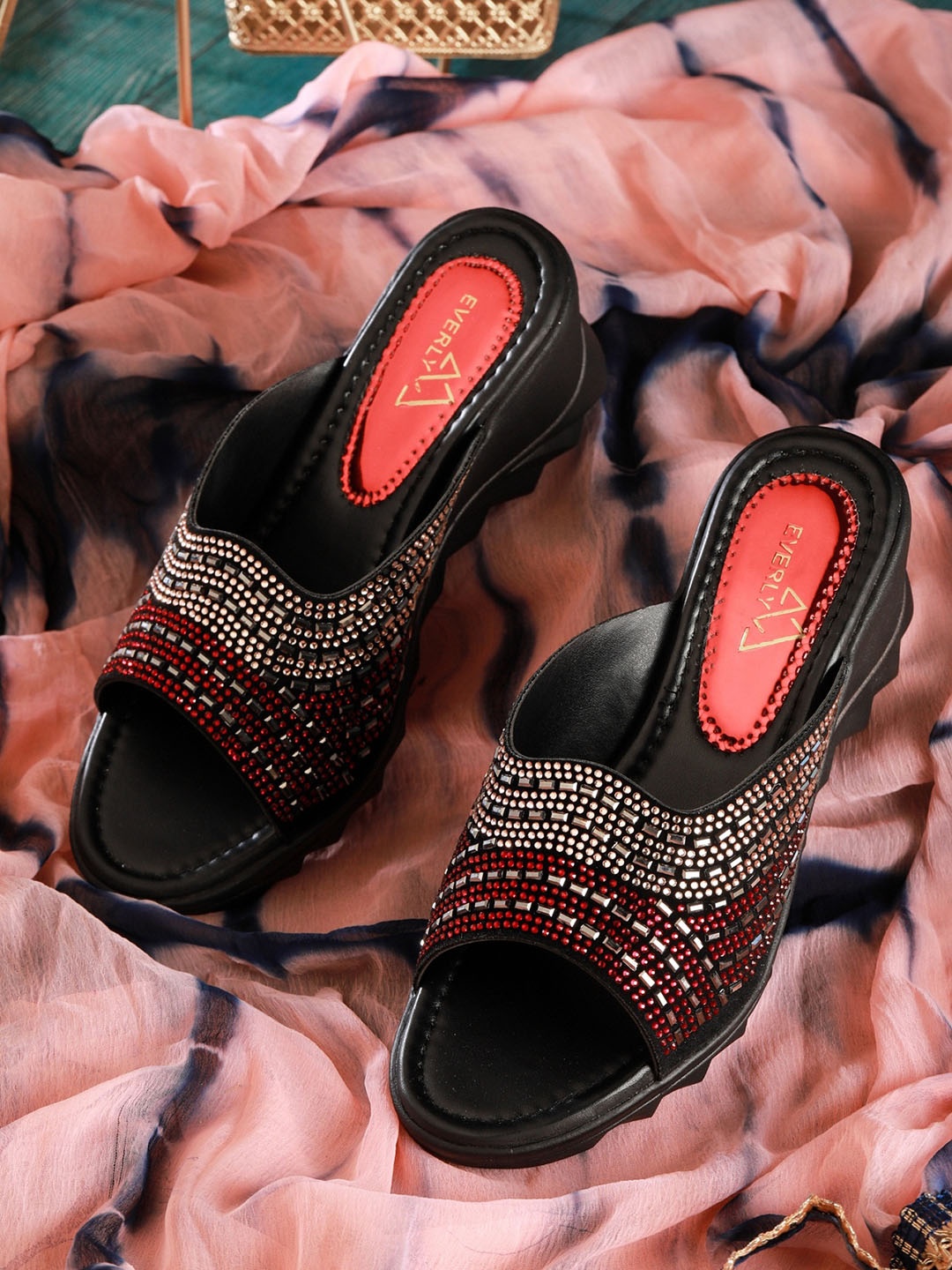 

EVERLY Women Red Embellished Wedge Sandals