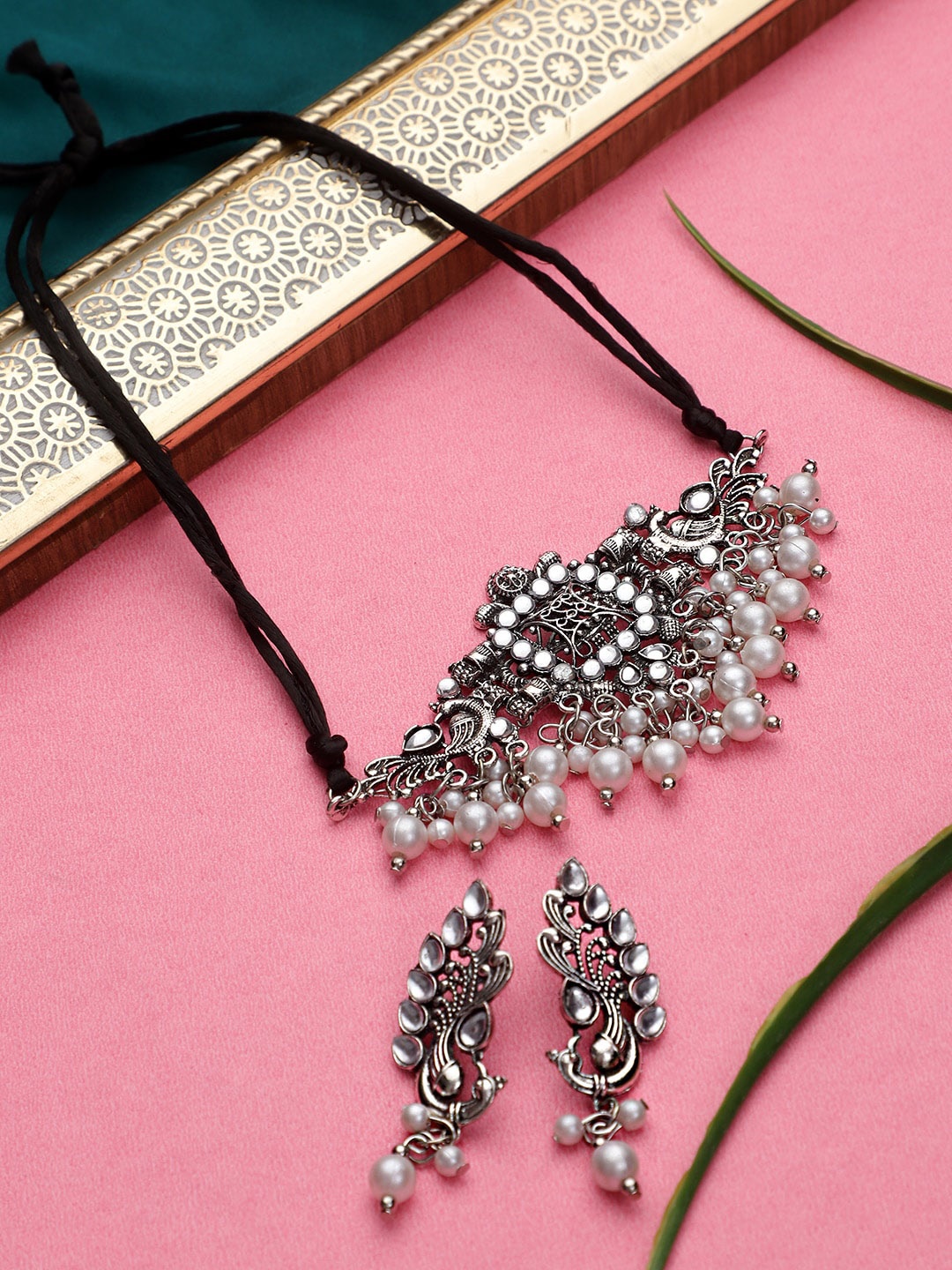 

KACY Oxidised Silver-Plated White Stone-Studded & Pearl Beaded Jewellery Set