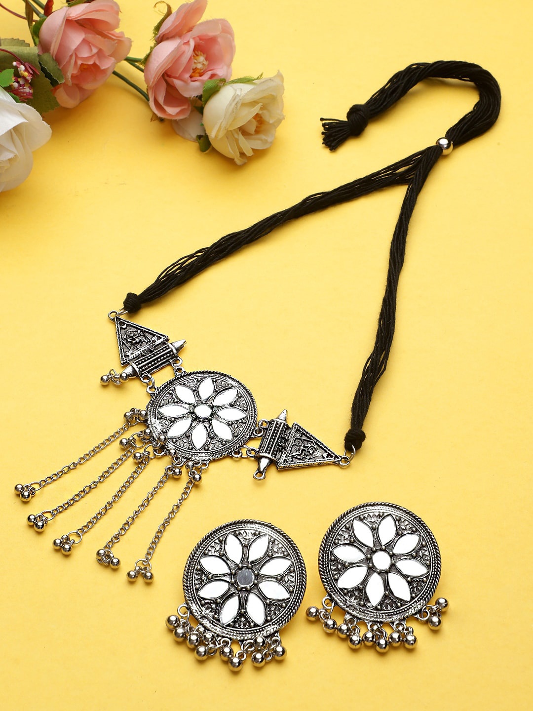 

KACY Oxidised Silver-Plated Mirror-Studded Jewellery Set