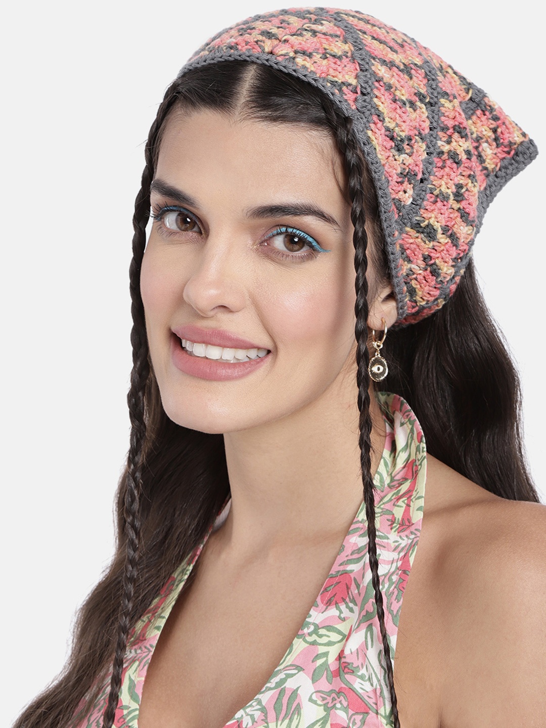 

Magic Needles Women Peach-Coloured & Grey Crochet Bandana