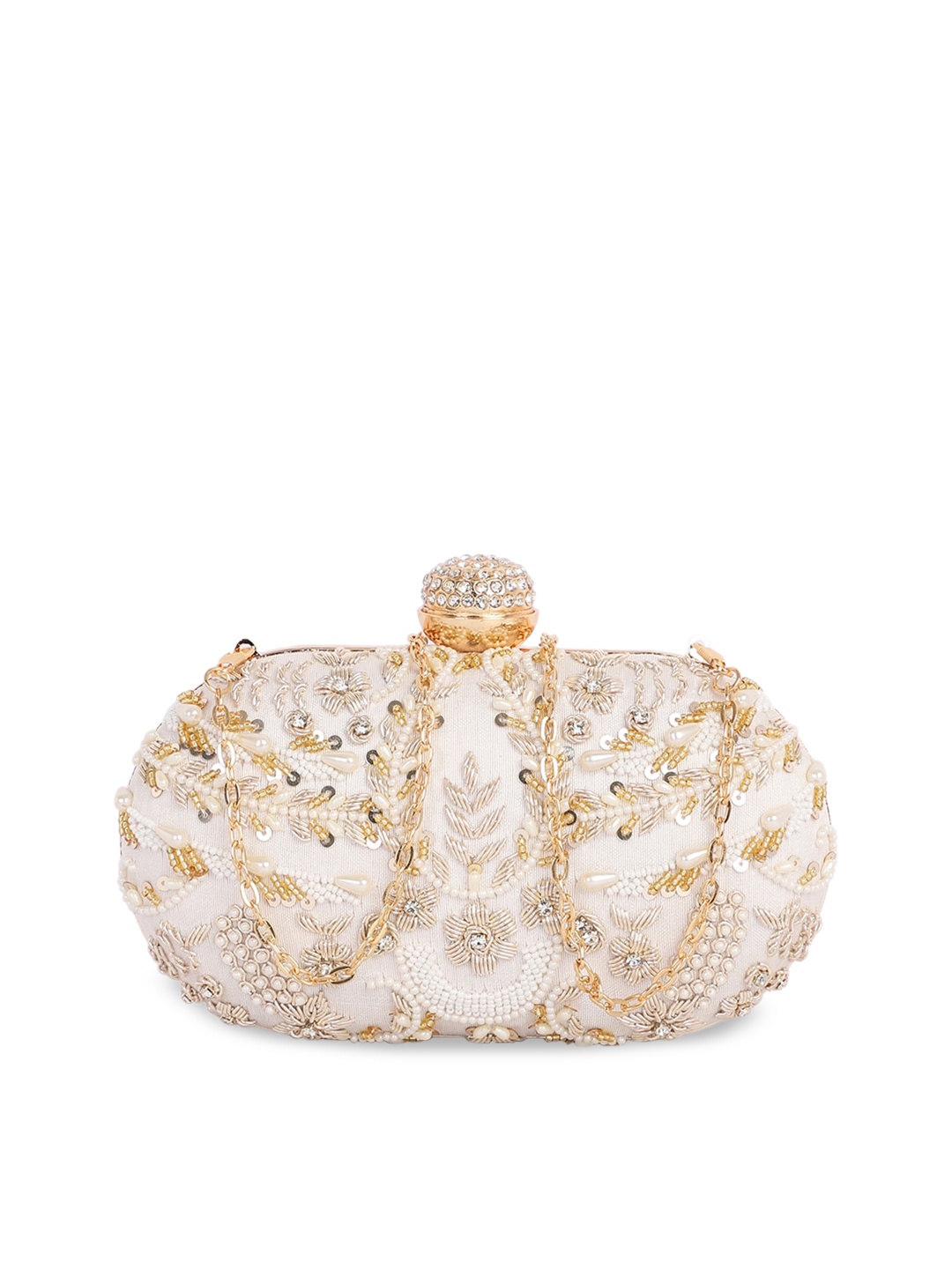 

ARTFLYCK White & Gold-Toned Embroidered Box Clutch