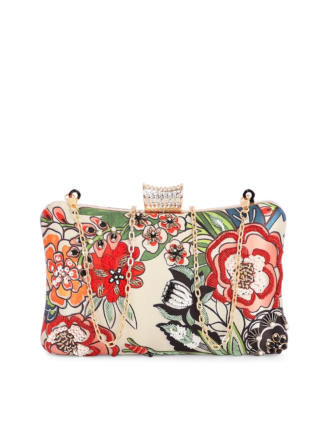 

ARTFLYCK Beige & Red Embellished Embroidered Box Clutch