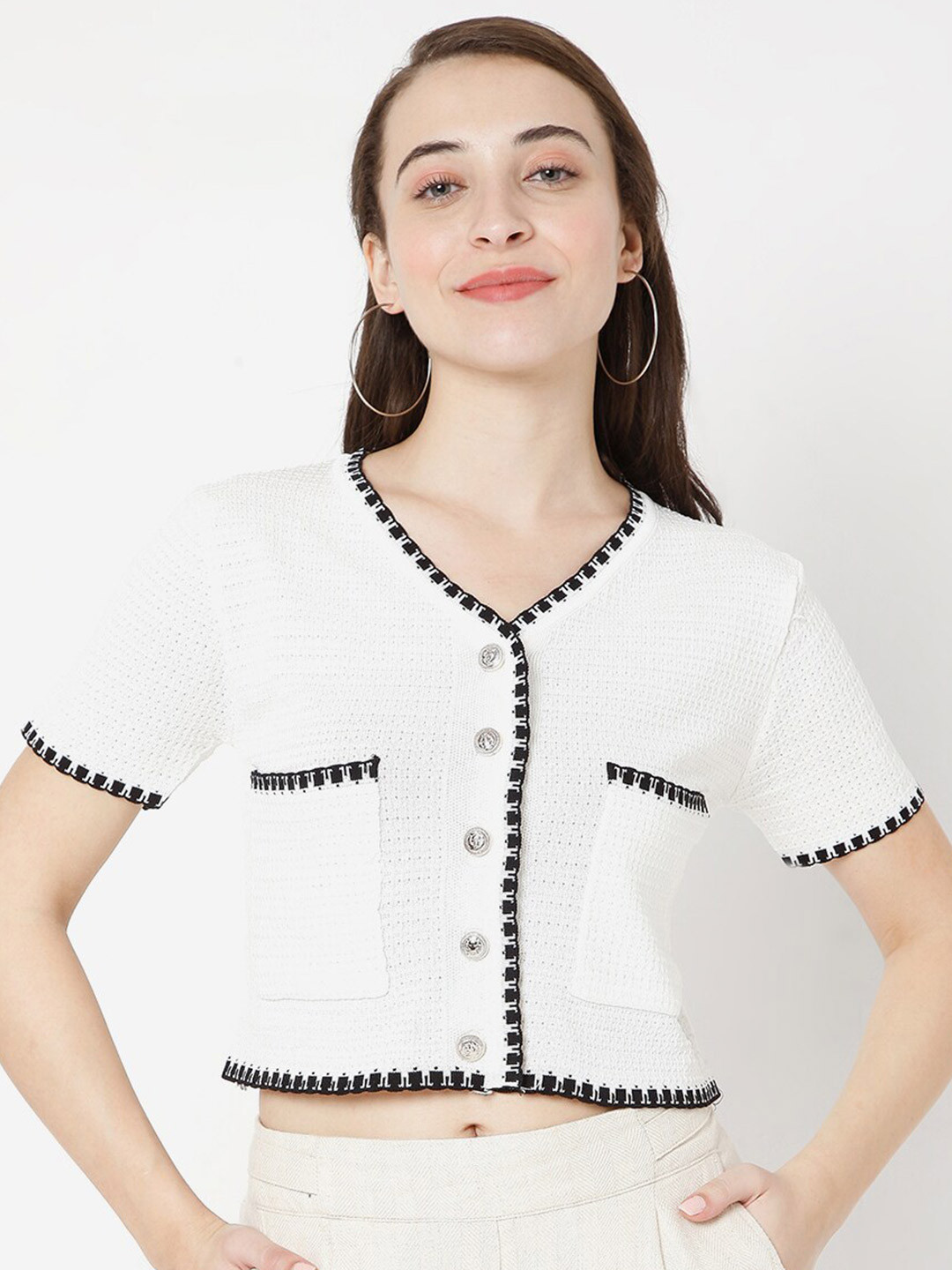 

SALWAR STUDIO White & Black Self Design Cotton Regular Crop Top