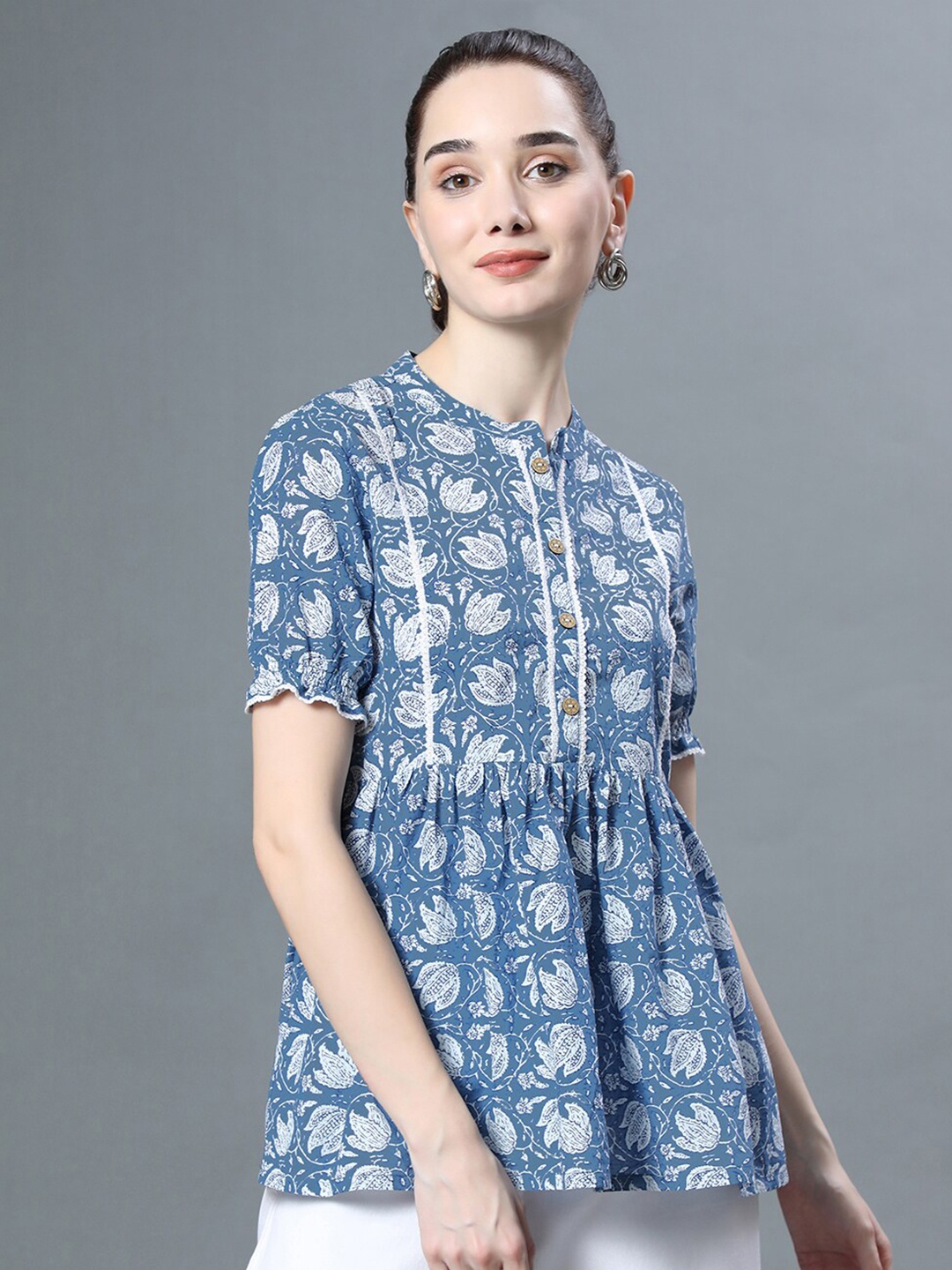 

NITVAN Blue & White Floral Print Mandarin Collar Pure Cotton Peplum Top