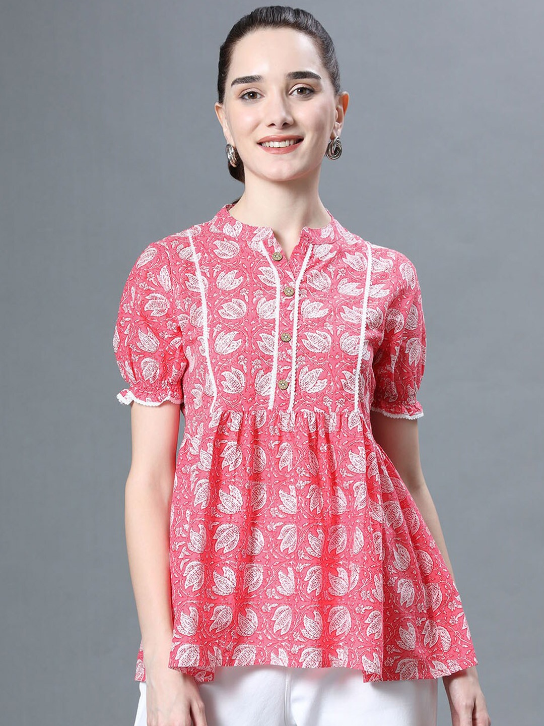 

NITVAN Pink Print Mandarin Collar Top