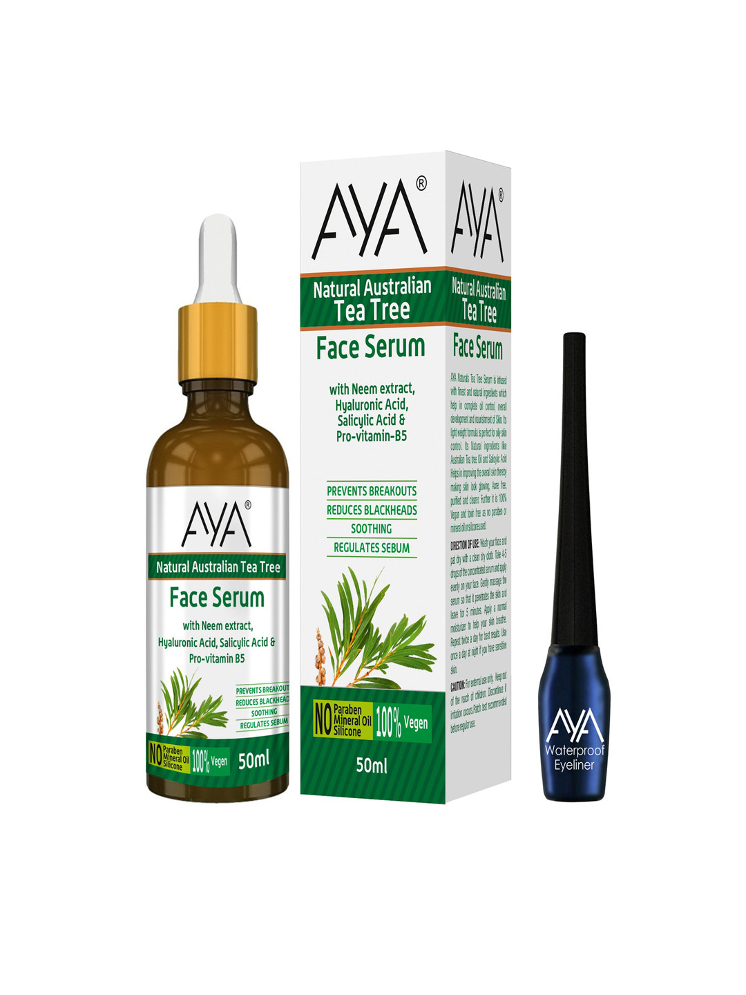 

AYA Natural Australian Tea Tree Face Serum 50 ml with Waterproof Eyeliner 5 ml - Blue, Green