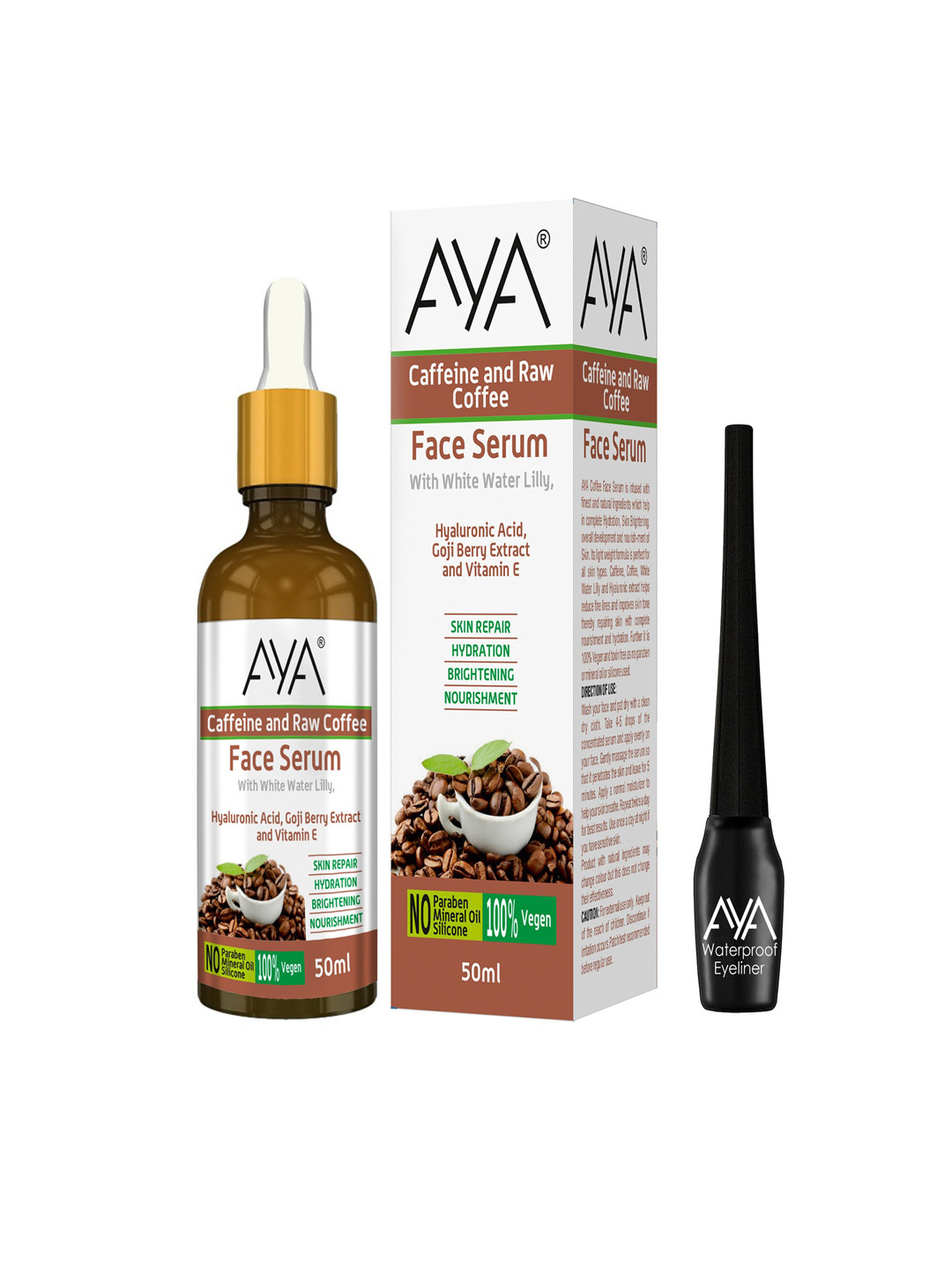 

AYA Caffeine & Raw Coffee Face Serum 50 ml with Waterproof Eyeliner 5 ml - Black, Brown