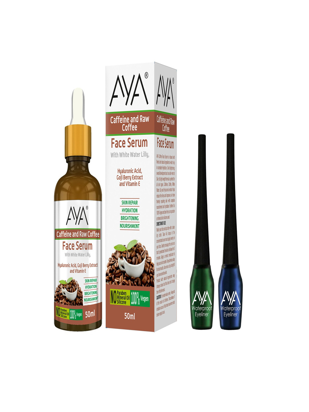

AYA Caffeine & Raw Coffee Face Serum + Set of 2 Waterproof Eyeliner-Blue & Green