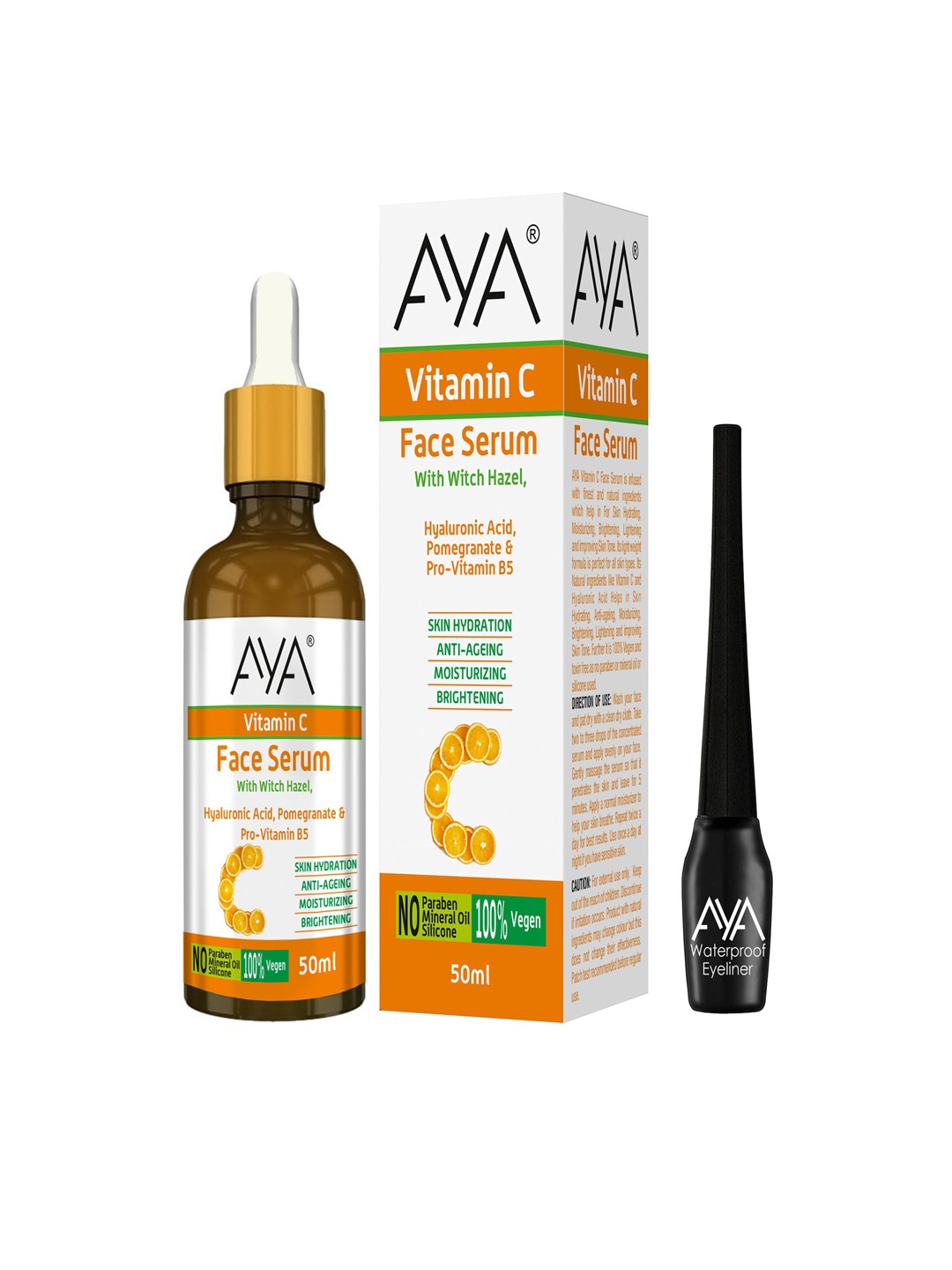 

AYA Set Of 2 Vitamin C Face Serum, 50 ml & Waterproof Eyeliner, Black 5 ml, Multi