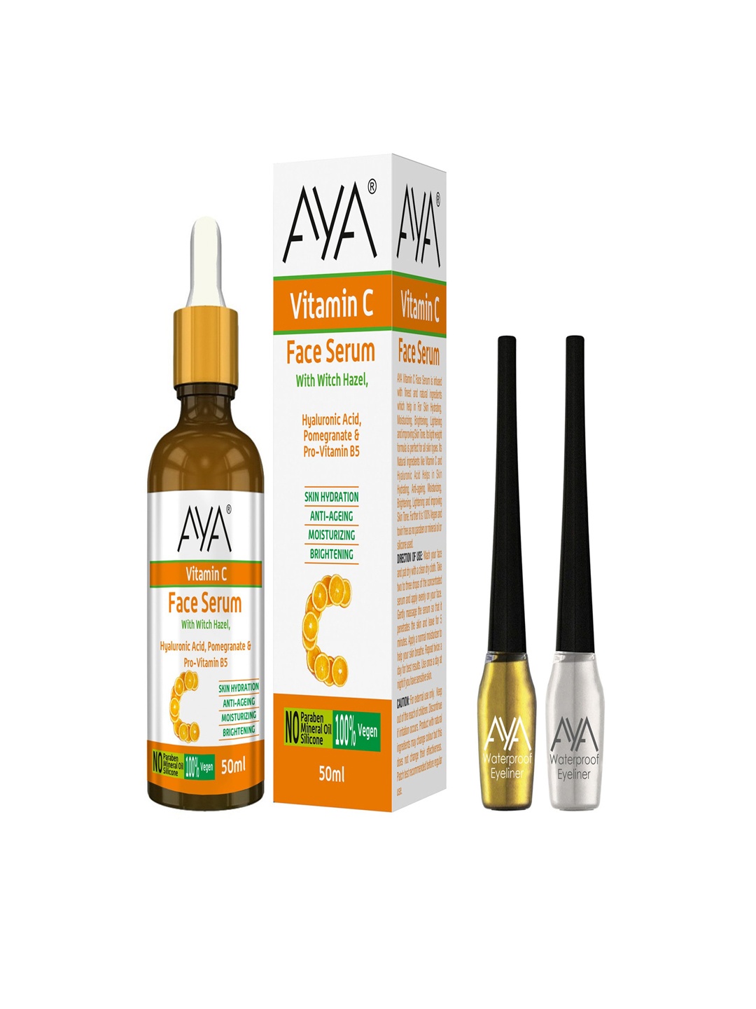 

AYA Vitamin C Face Serum 50ml + Set of 2 Waterproof Eyeliner-Blue & Green 5 ml Each, White