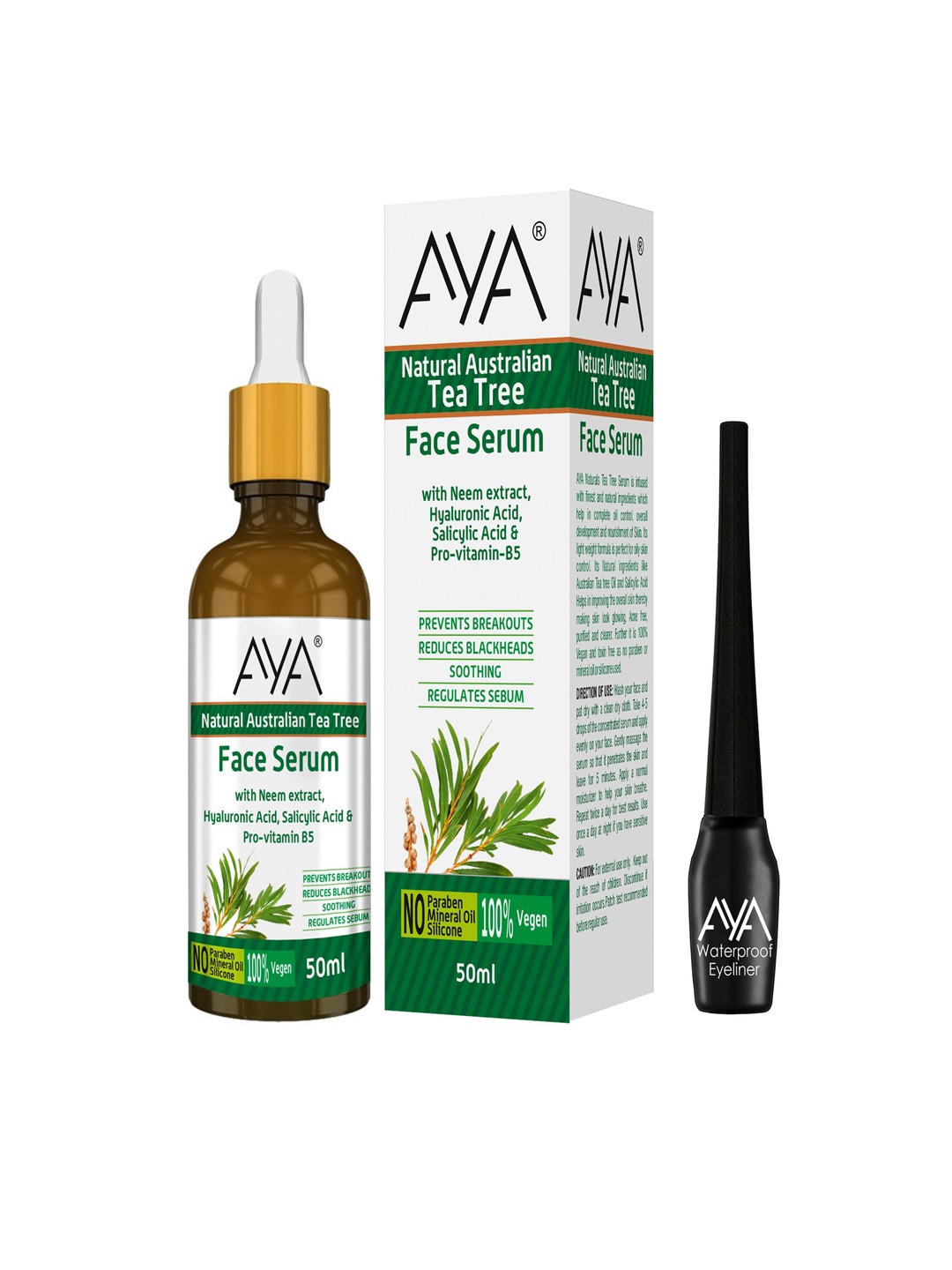 

AYA Set Of 2 Australian Tea Tree Face Serum, 50 ml & Waterproof Eyeliner, Black 5 ml, Multi