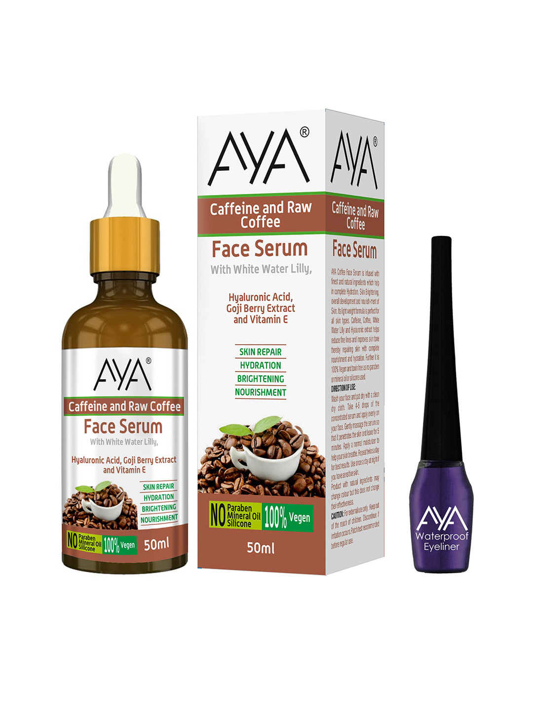 

AYA Caffeine & Raw Coffee Face Serum 50 ml with Waterproof Eyeliner 5 ml - Purple, Brown