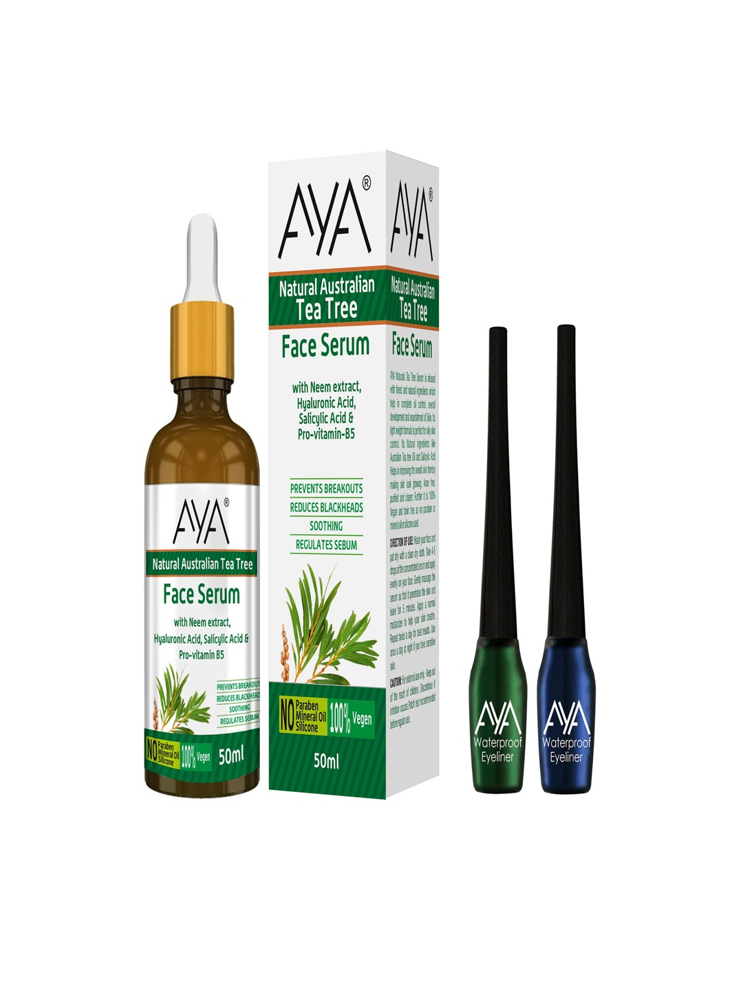 

AYA Australian Tea Tree Face Serum 50ml with 2 Liquid Eyeliners 5ml - Blue & Green, White