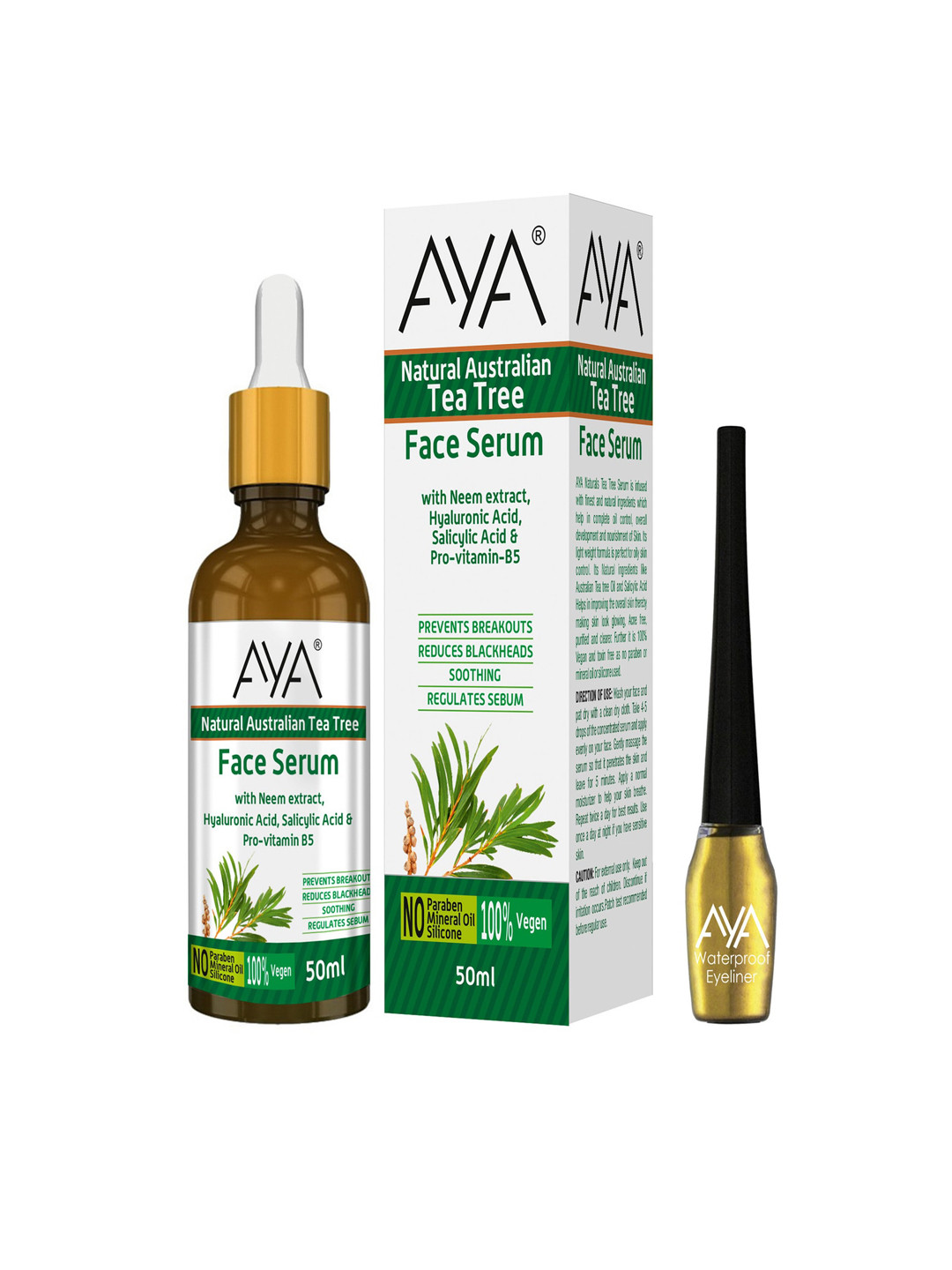 

AYA Natural Australian Tea Tree Face Serum 50 ml with Waterproof Eyeliner 5 ml - Golden, Green