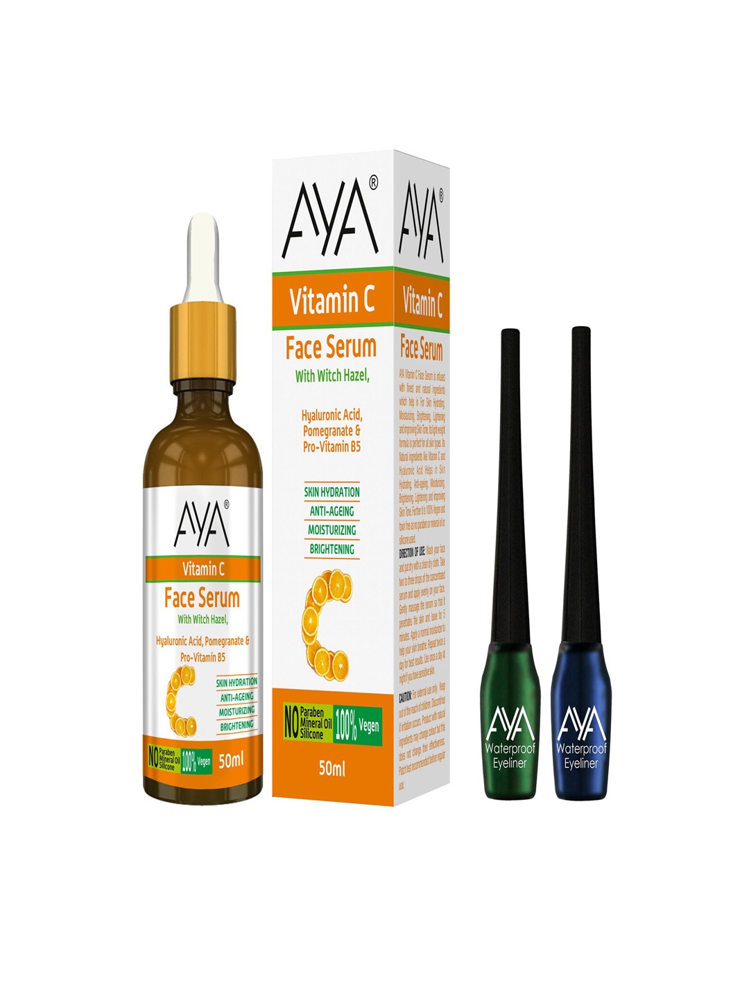 

AYA Vitamin C Face Serum 50 ml + Set of 2 Waterproof Eyeliner-Blue & Green 5 ml Each, White