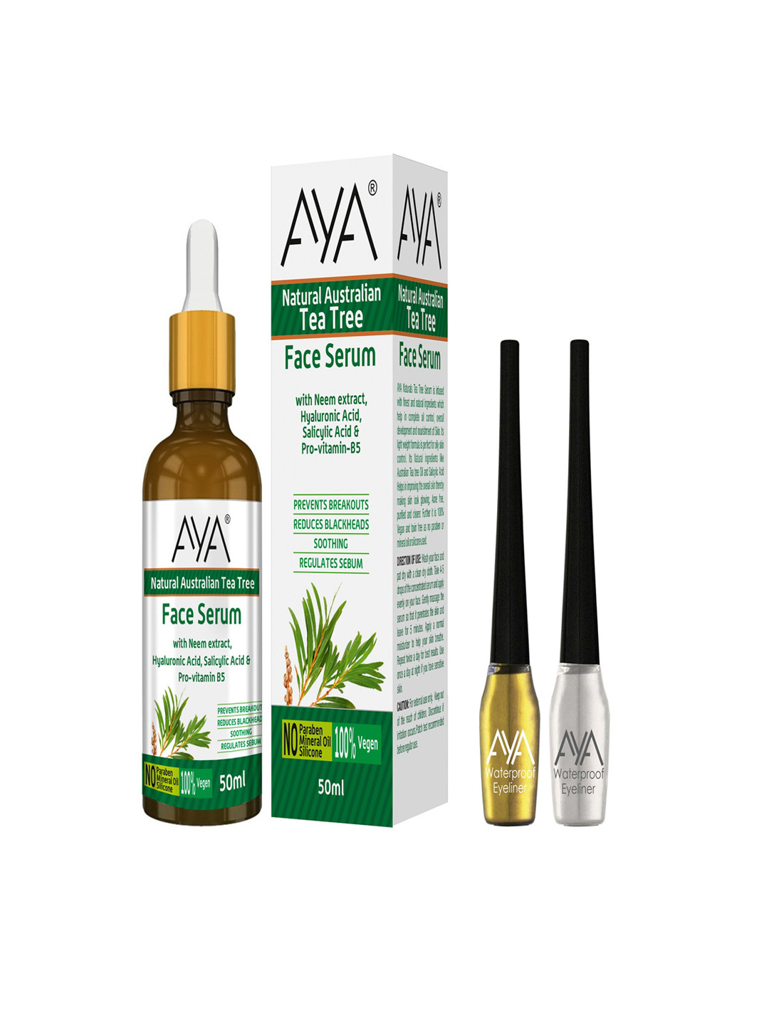 

AYA Australian Tea Tree Face Serum 50ml with 2 Liquid Eyeliners 5ml - Golden & Silver, White