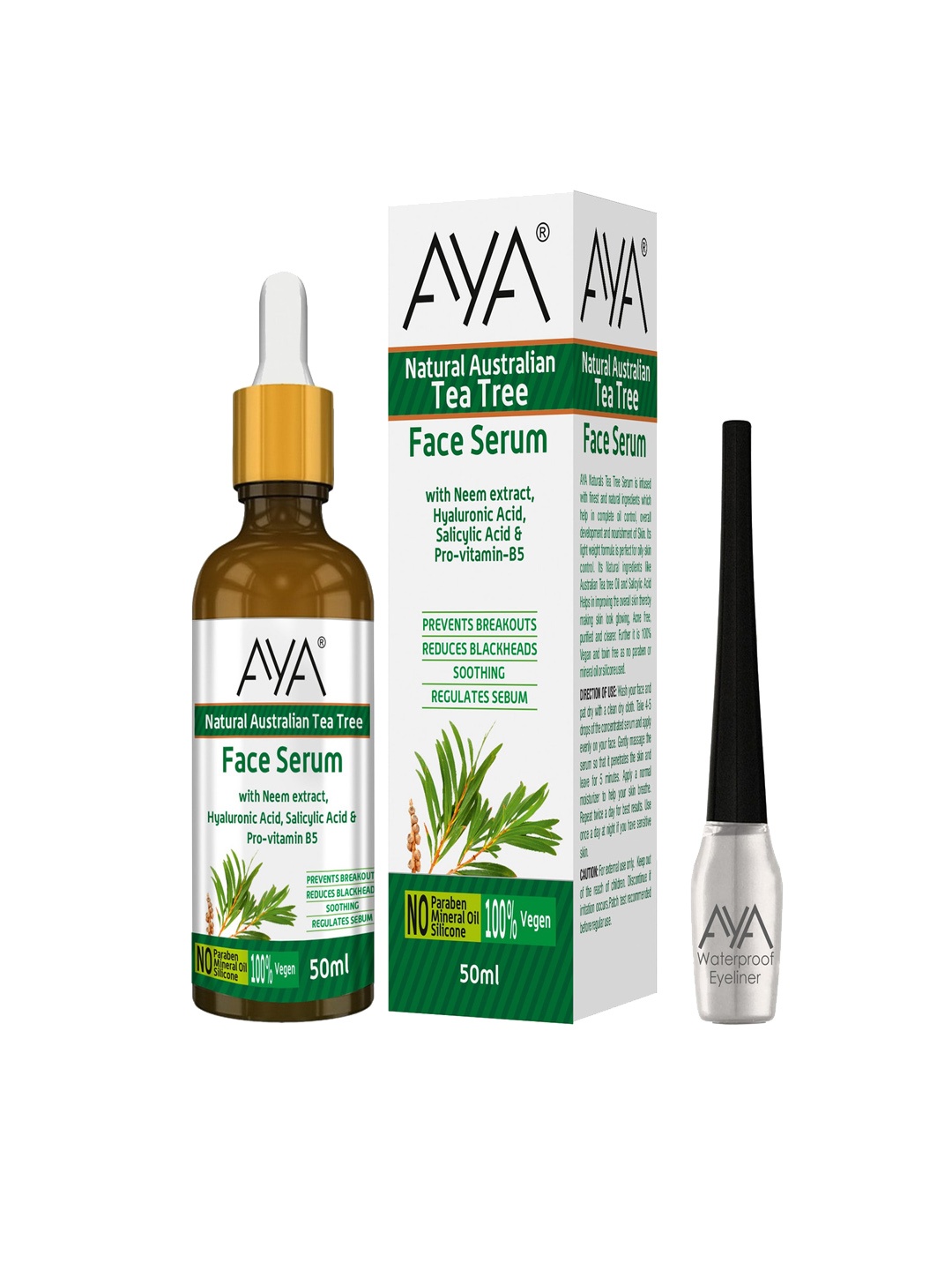 

AYA Australian Tea Tree Face Serum, 50 ml and Waterproof Eyeliner, White 5 ml, Multi