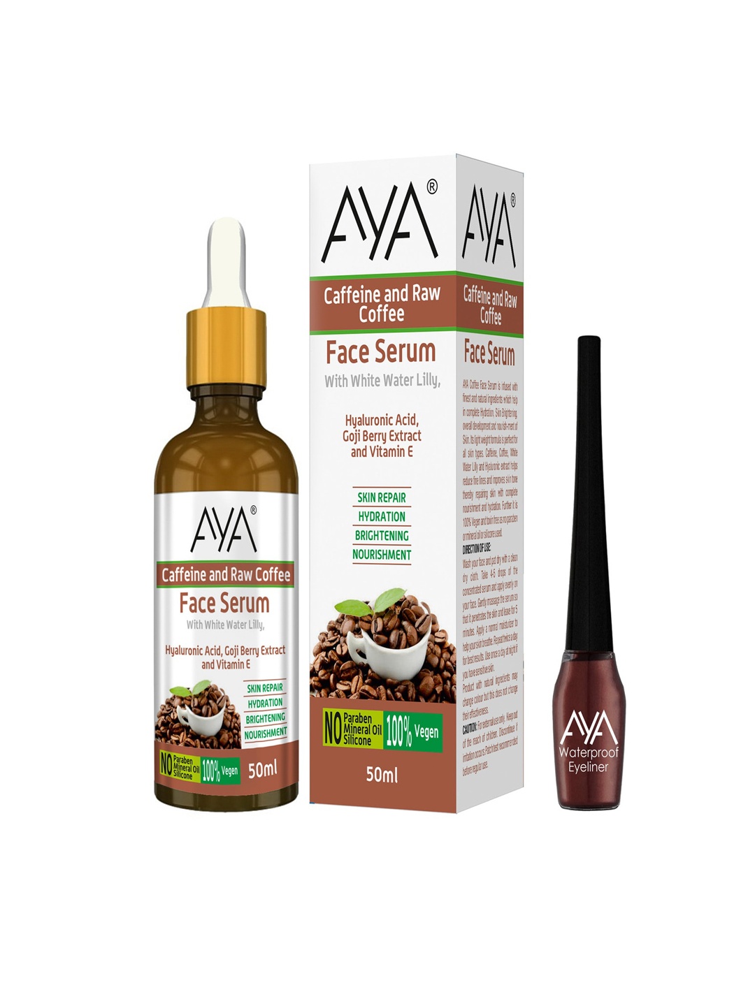 

AYA Caffeine & Raw Coffee Face Serum 50 ml & Waterproof Eyeliner - Brown 5 ml, White