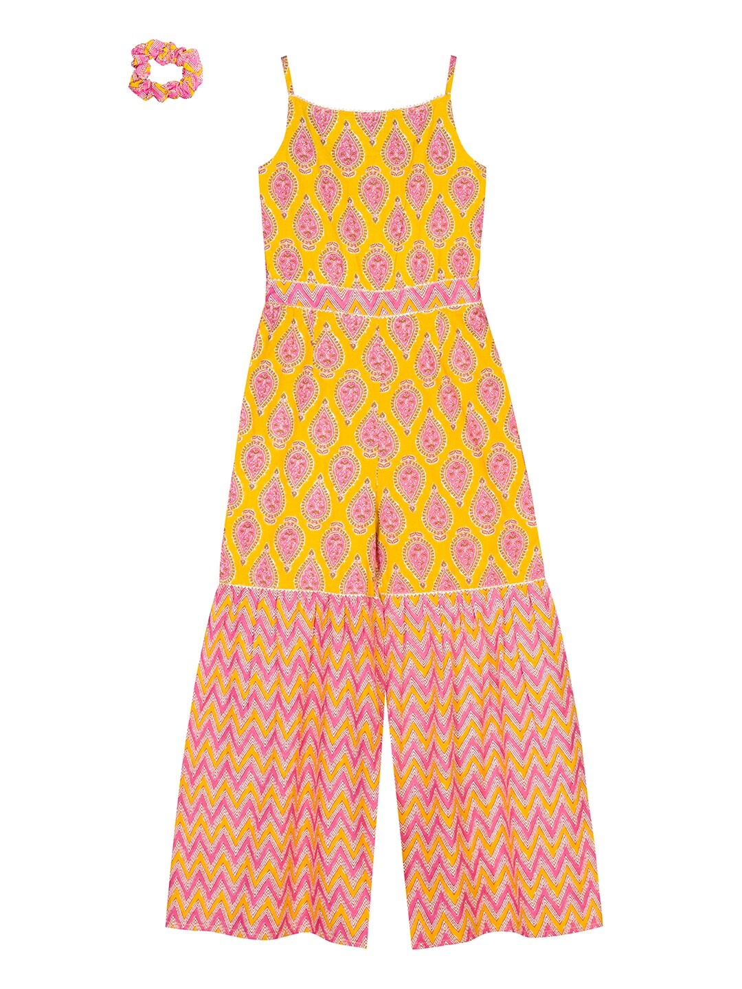 

Budding Bees Girls Yellow & Pink Printed Basic Jumpsuit