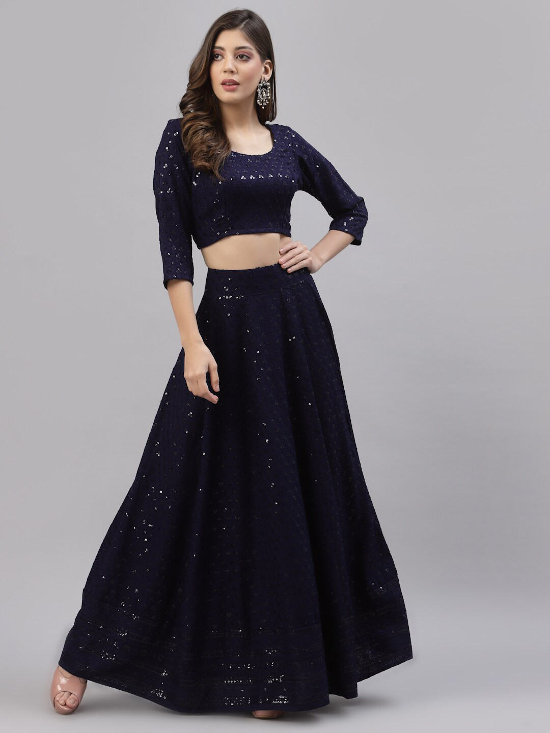 

Get Glamr Navy Blue Embellished Sequinned Ready to Wear Lehenga &