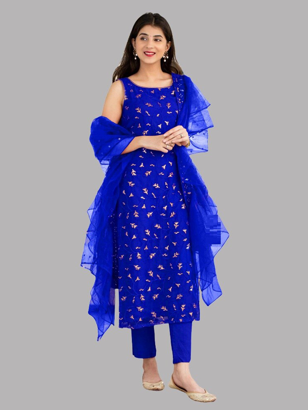

Fashionuma Blue & Gold-Toned Embroidered Semi-Stitched Dress Material