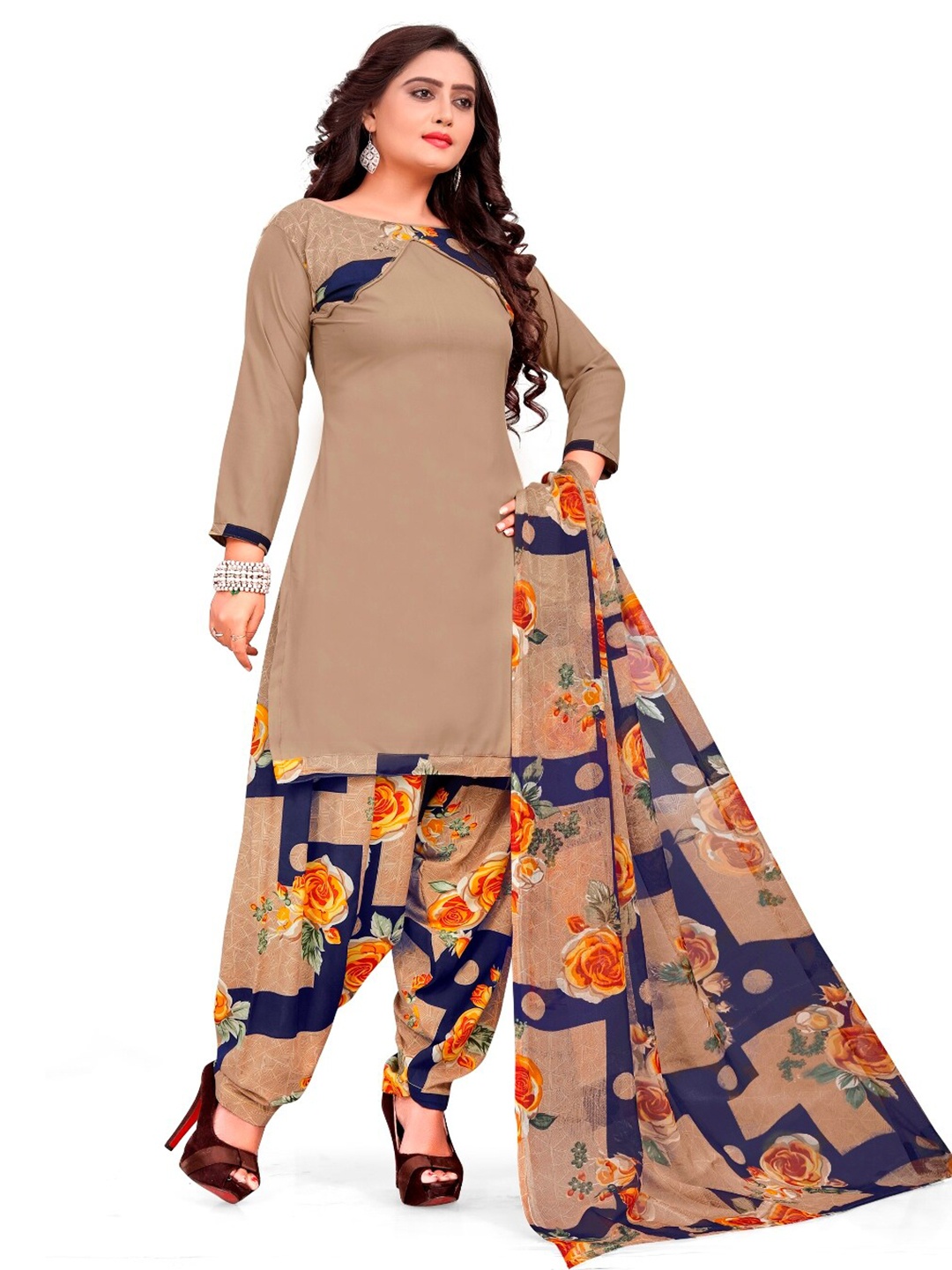 

INDIAN HERITAGE Beige & Blue Printed Silk Crepe Unstitched Dress Material